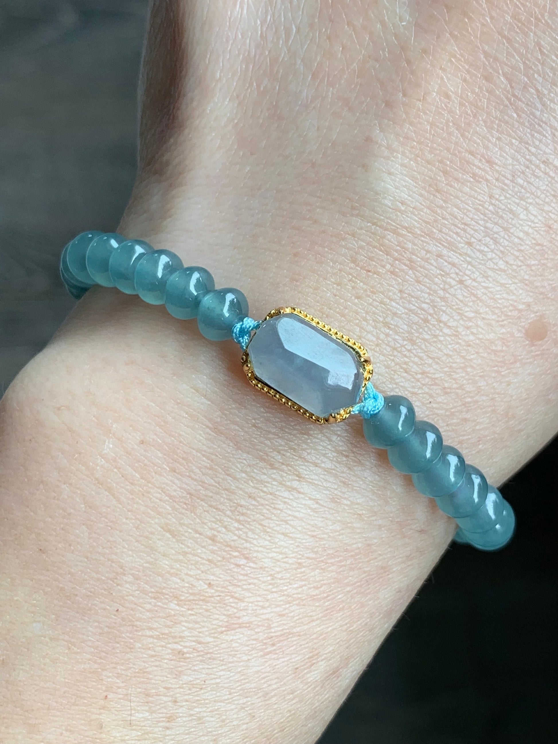 Natural Guatemalan Icy Highly Translucent Light Blue Faceted Jadeite Sterling Silver Charm Drum Beads Bracelet 6.75” 天然冰危浅蓝翡翠切割面蛋面鼓珠手串