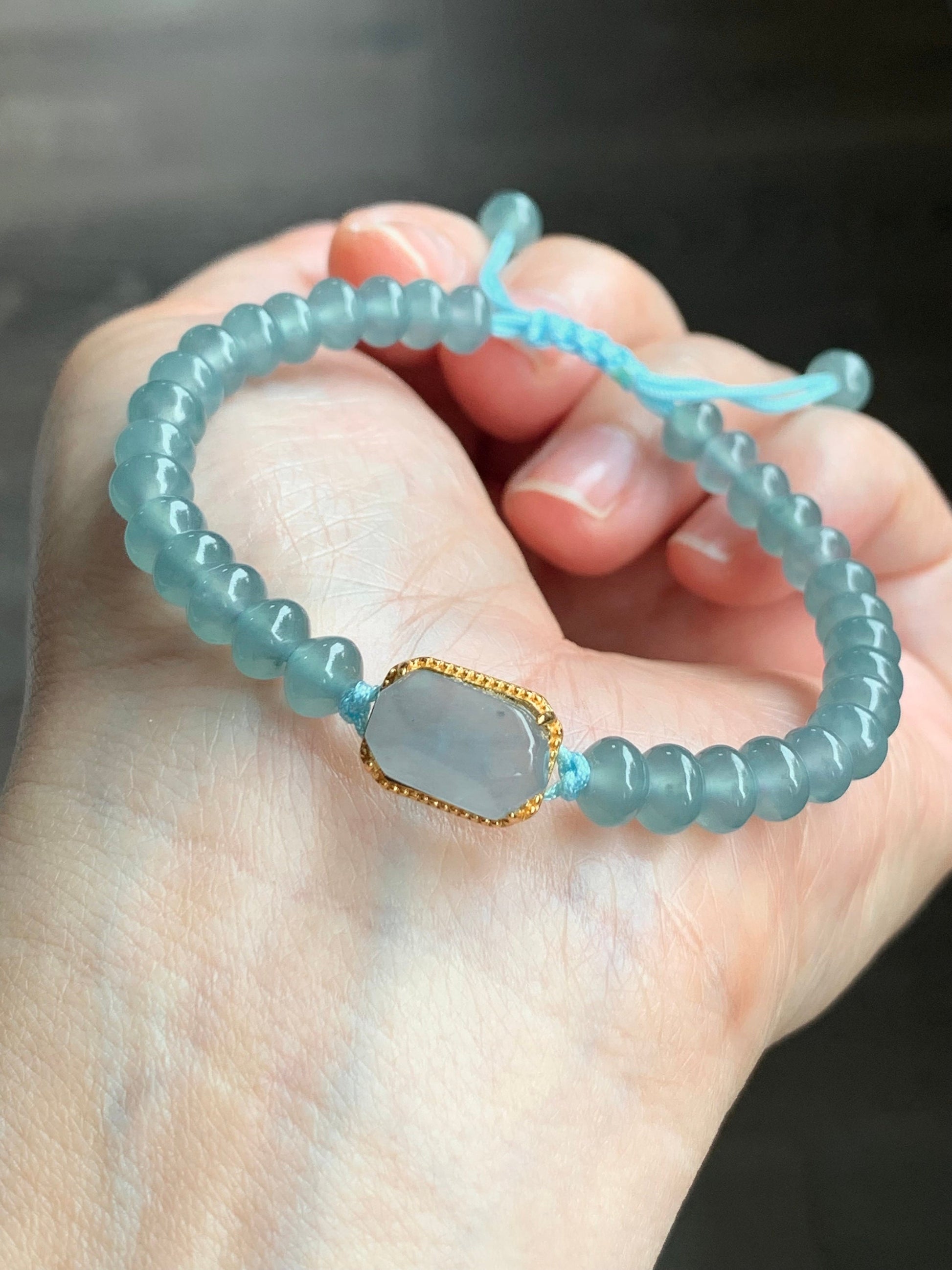 Natural Guatemalan Icy Highly Translucent Light Blue Faceted Jadeite Sterling Silver Charm Drum Beads Bracelet 6.75” 天然冰危浅蓝翡翠切割面蛋面鼓珠手串