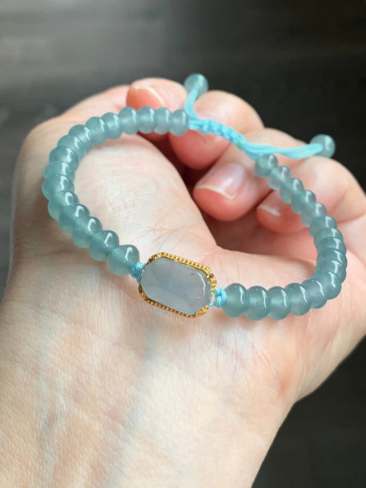 Natural Guatemalan Icy Highly Translucent Light Blue Faceted Jadeite Sterling Silver Charm Drum Beads Bracelet 6.75” 天然冰危浅蓝翡翠切割面蛋面鼓珠手串