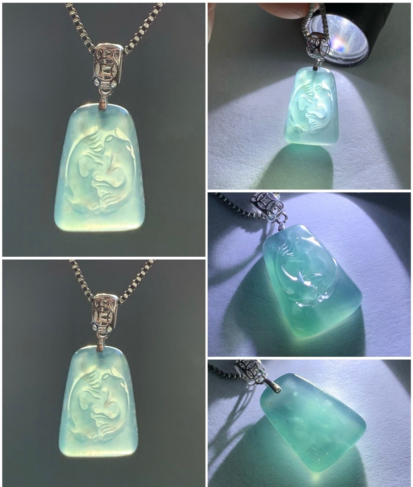 Petite Natural Guatemalan Premium Icy Highly Translucent Gelatinous Blue Jadeite Carved Double Fish Pendant 18K White Gold 天然冰胶危蓝水翡翠双鱼镶嵌吊坠