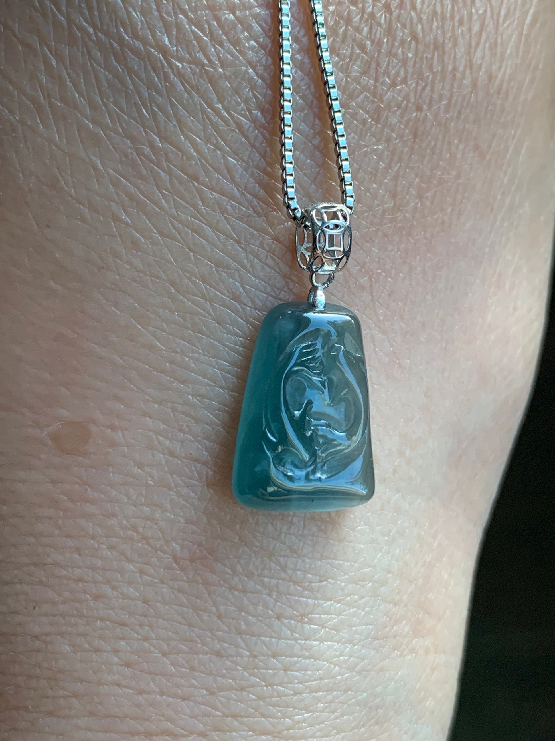Petite Natural Guatemalan Premium Icy Highly Translucent Gelatinous Blue Jadeite Carved Double Fish Pendant 18K White Gold 天然冰胶危蓝水翡翠双鱼镶嵌吊坠