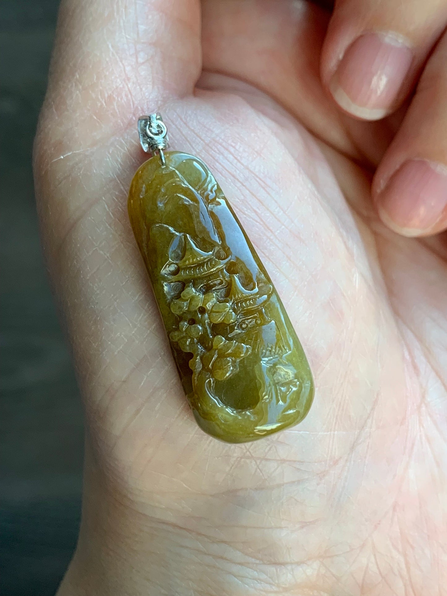 Natural Burmese Icy Translucent Deep Rich Yellow Jadeite Shan Shui Landscape Pendant Sterling Silver Bail 7g 天然缅甸冰油黄翡翠山水牌吊坠