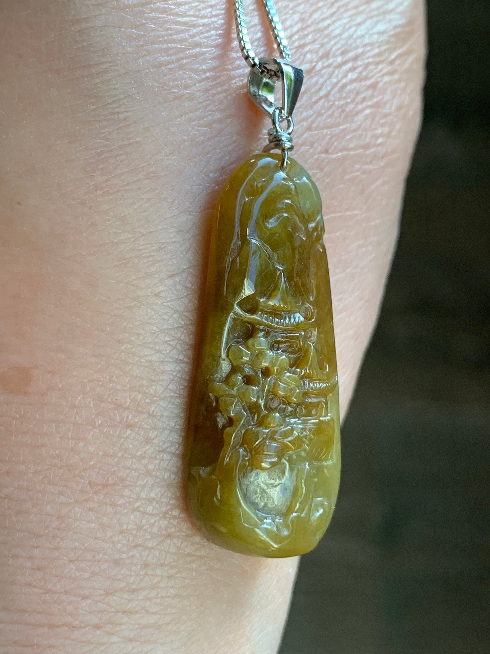 Natural Burmese Icy Translucent Deep Rich Yellow Jadeite Shan Shui Landscape Pendant Sterling Silver Bail 7g 天然缅甸冰油黄翡翠山水牌吊坠