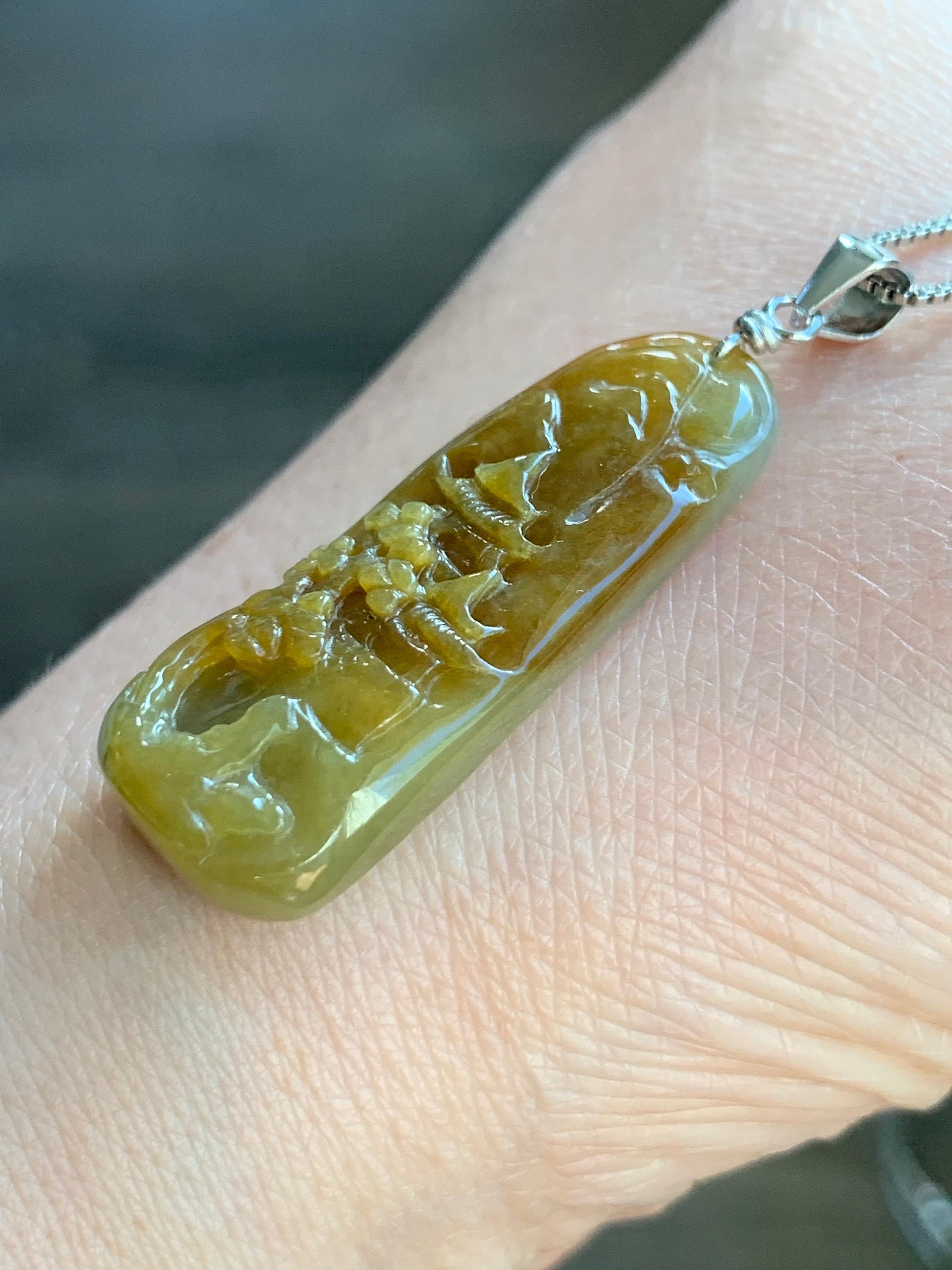 Natural Burmese Icy Translucent Deep Rich Yellow Jadeite Shan Shui Landscape Pendant Sterling Silver Bail 7g 天然缅甸冰油黄翡翠山水牌吊坠