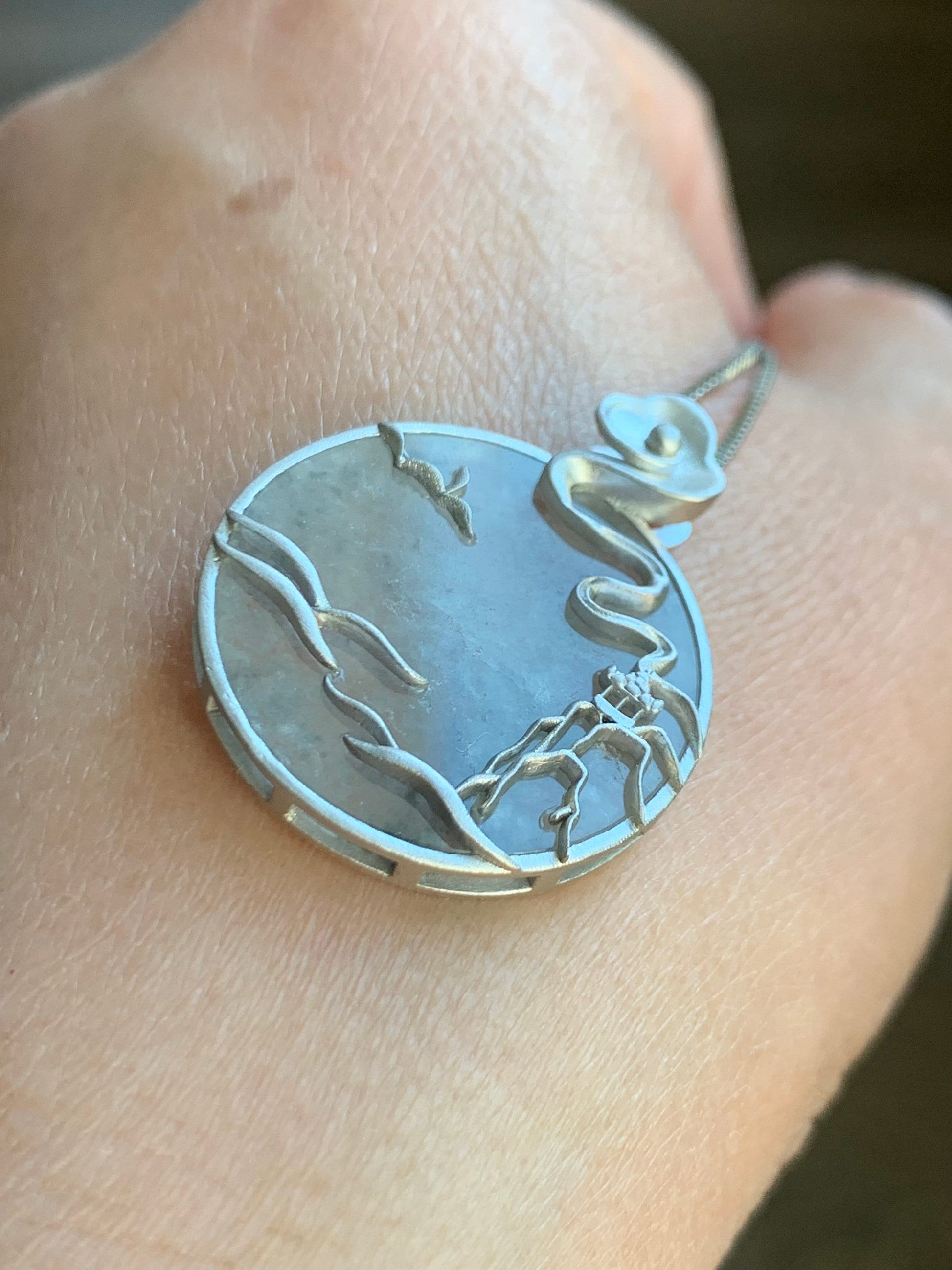 Certified Natural Burmese Moxisha Icy Highly Translucent Wuji Jadeite Round Pendant Wu Shi Pai Sterling Silver 天然缅甸莫西沙冰乌鸡翡翠无事牌镶嵌吊坠 1657