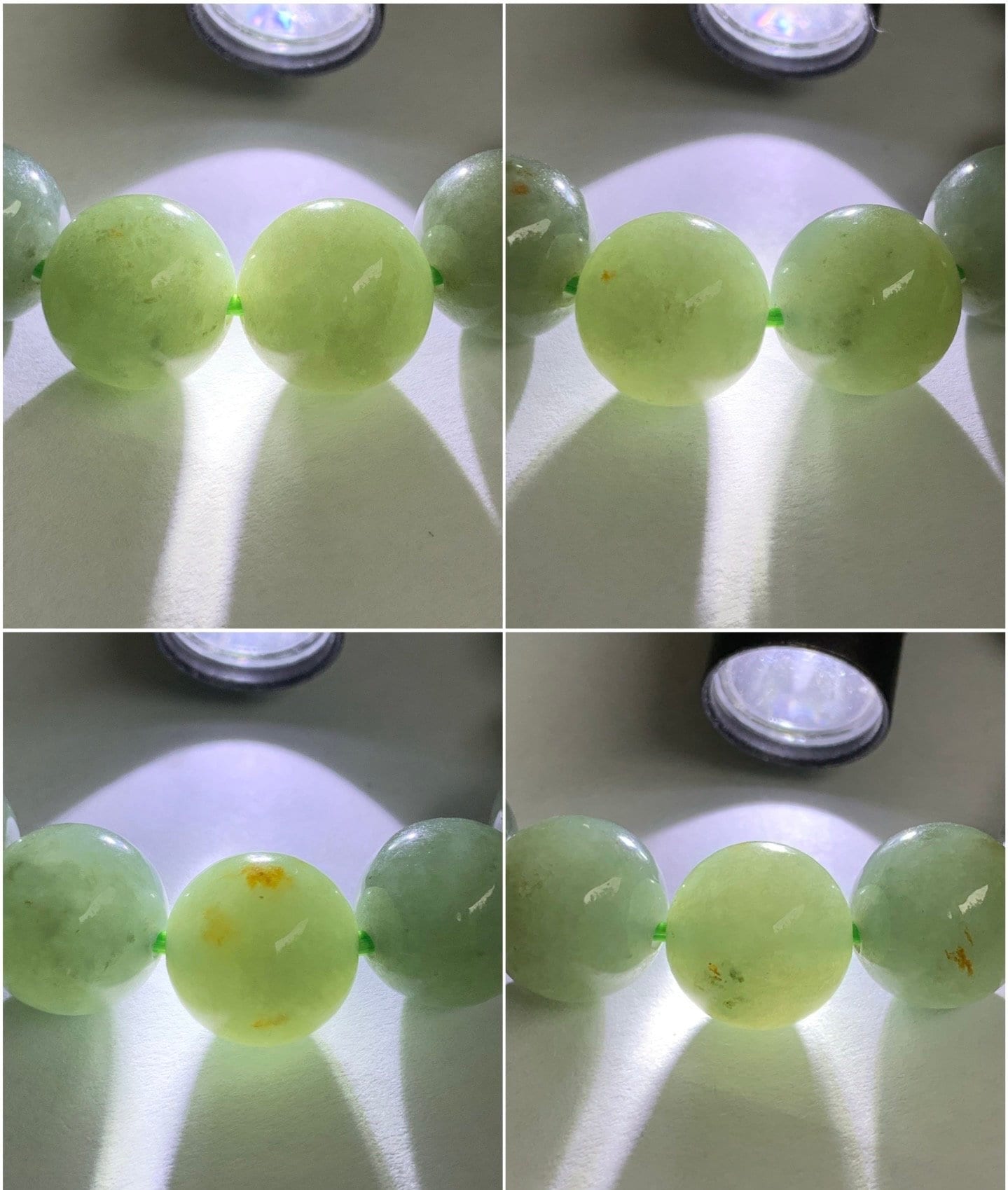 Large Natural Burmese Icy Translucent Dusty Sage Green Jadeite w/ Yellow Marbling Beaded Bracelet Stretchy 12.8mm 7.5” 58g 天然缅甸冰豆绿撒金翡翠大卡手串