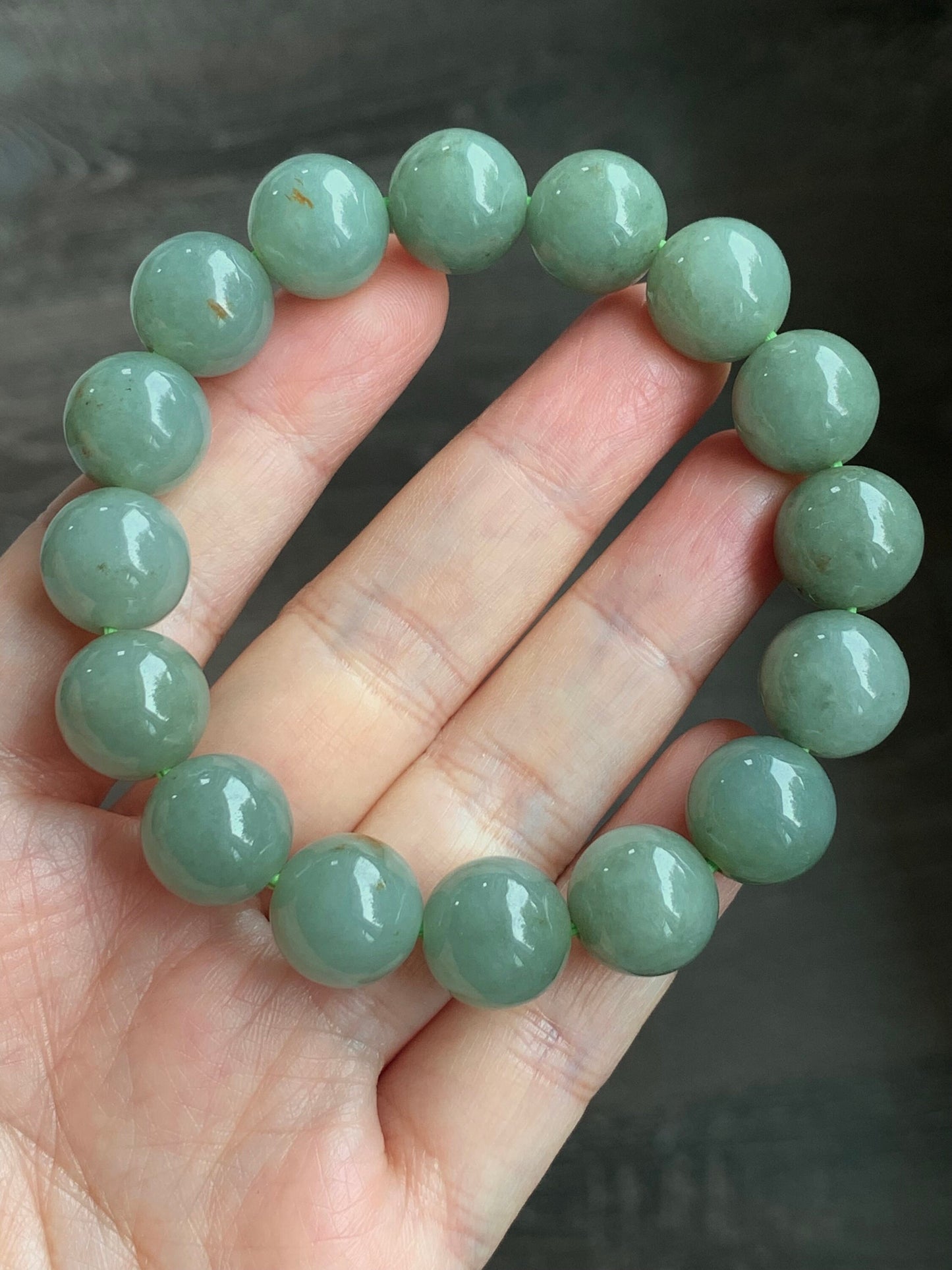 Large Natural Burmese Icy Translucent Dusty Sage Green Jadeite w/ Yellow Marbling Beaded Bracelet Stretchy 12.8mm 7.5” 58g 天然缅甸冰豆绿撒金翡翠大卡手串