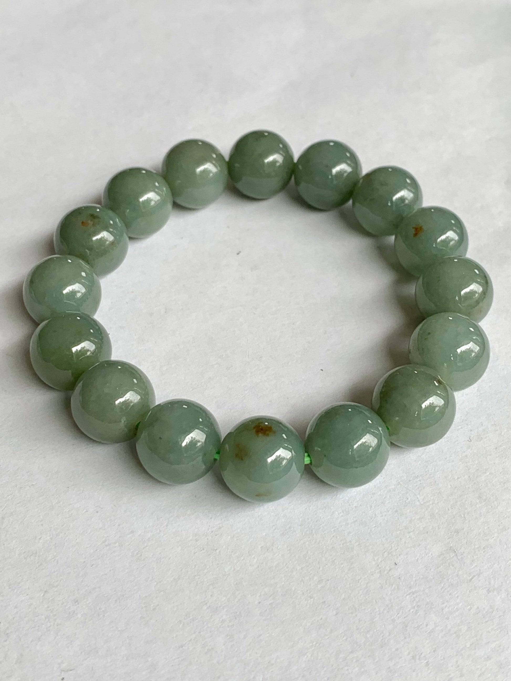 Large Natural Burmese Icy Translucent Dusty Sage Green Jadeite w/ Yellow Marbling Beaded Bracelet Stretchy 12.8mm 7.5” 58g 天然缅甸冰豆绿撒金翡翠大卡手串