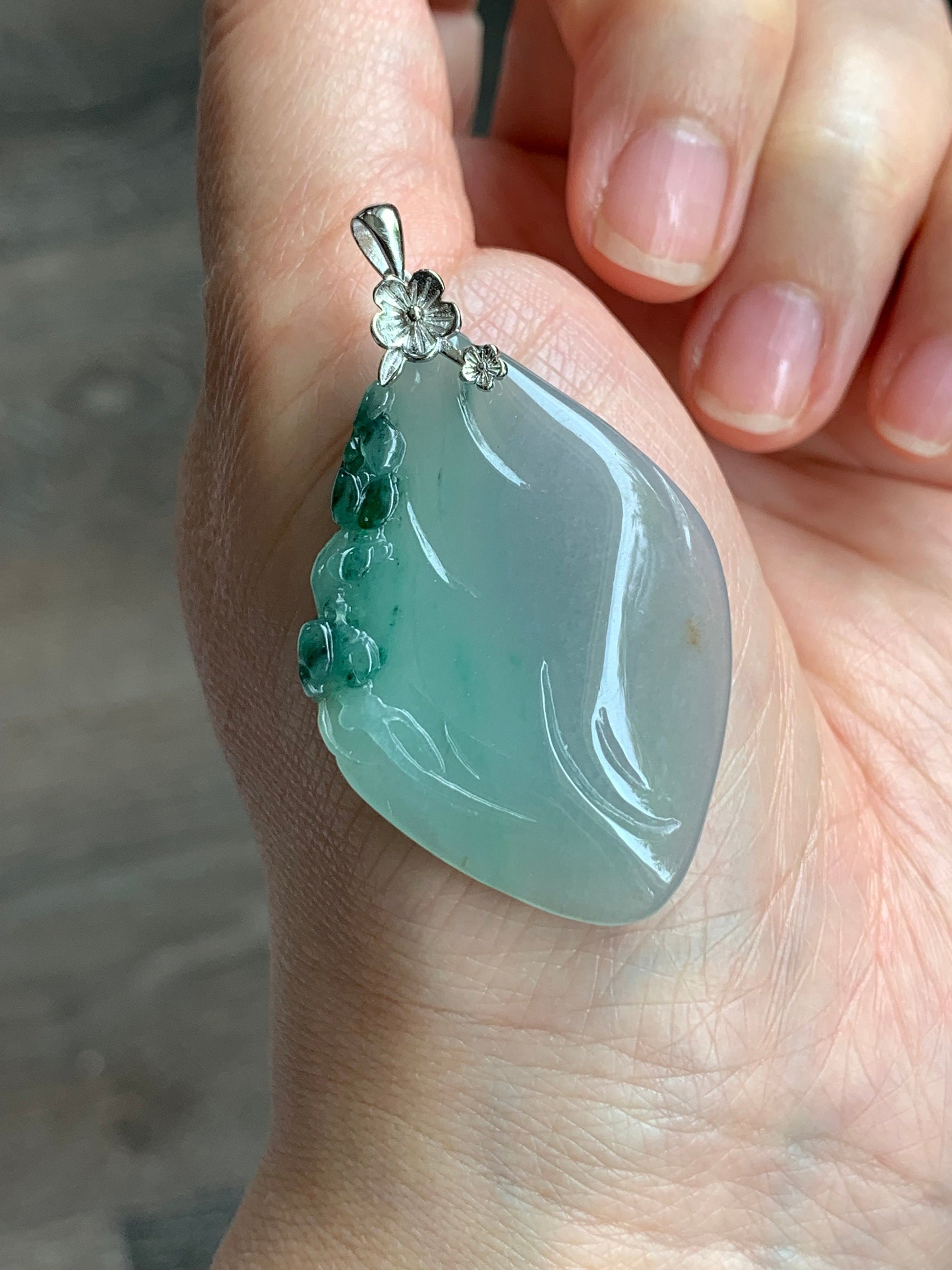 Certified Natural Burmese Icy Translucent Gelatinous Green Marbled Jadeite Diamond Pendant w/ Cherry Blossoms Sterling Silver 天然缅甸冰晴飘绿花翡翠吊坠