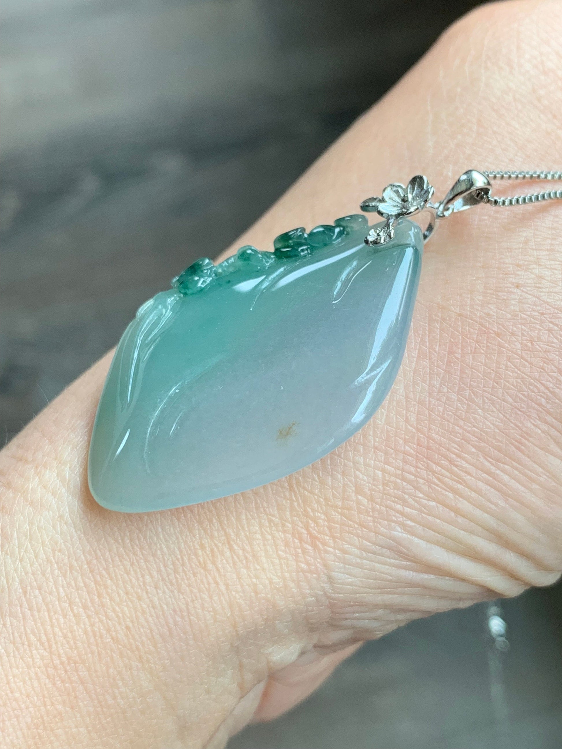 Certified Natural Burmese Icy Translucent Gelatinous Green Marbled Jadeite Diamond Pendant w/ Cherry Blossoms Sterling Silver 天然缅甸冰晴飘绿花翡翠吊坠