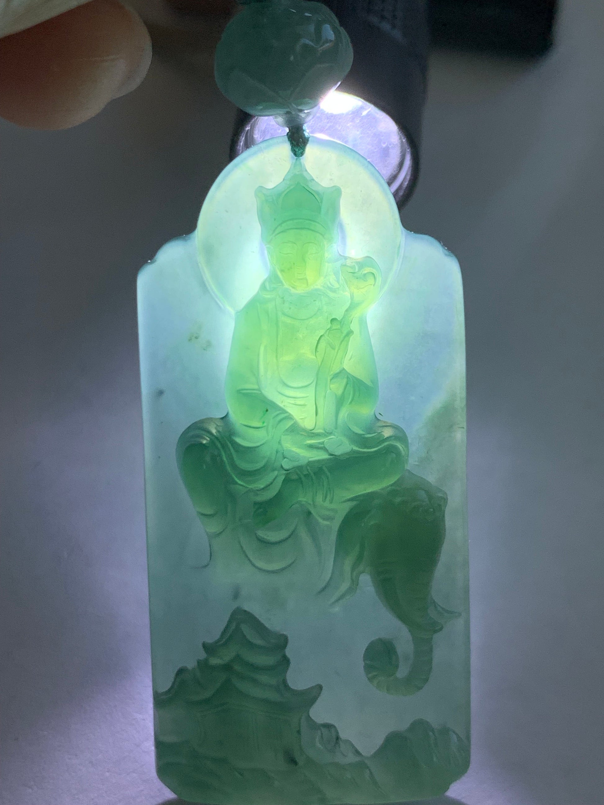 Natural Guatemalan Icy Translucent Teal Green Jadeite Puxian Samantabhadra Bodhisattva w/ Elephant Pendant Rope Necklace 天然冰胶危蓝绿翡翠普贤菩萨吊坠