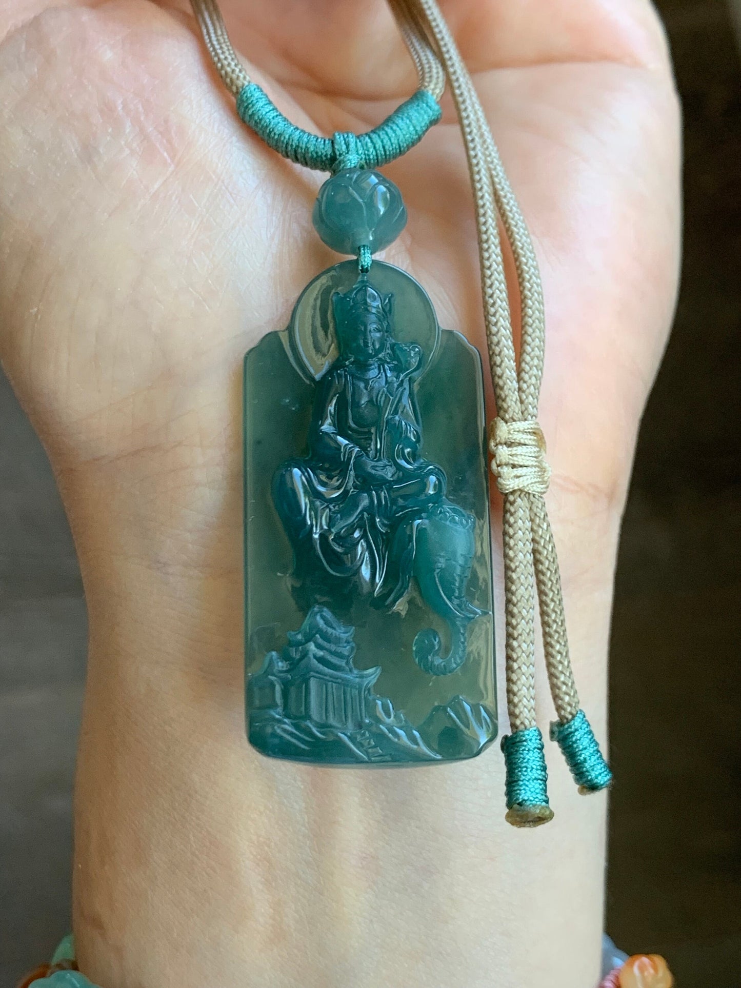Natural Guatemalan Icy Translucent Teal Green Jadeite Puxian Samantabhadra Bodhisattva w/ Elephant Pendant Rope Necklace 天然冰胶危蓝绿翡翠普贤菩萨吊坠