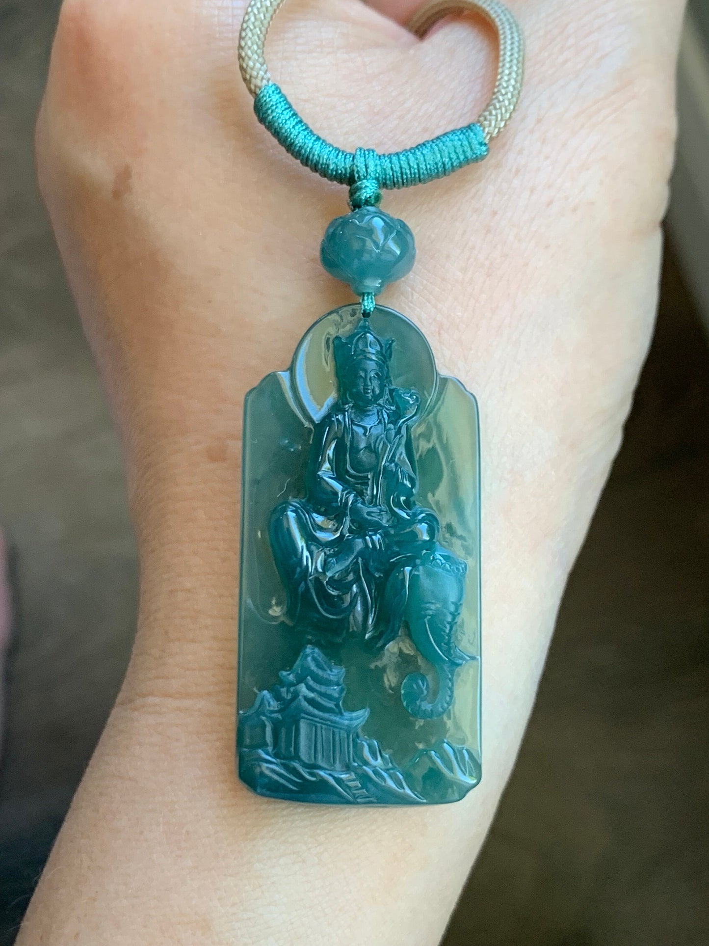Natural Guatemalan Icy Translucent Teal Green Jadeite Puxian Samantabhadra Bodhisattva w/ Elephant Pendant Rope Necklace 天然冰胶危蓝绿翡翠普贤菩萨吊坠