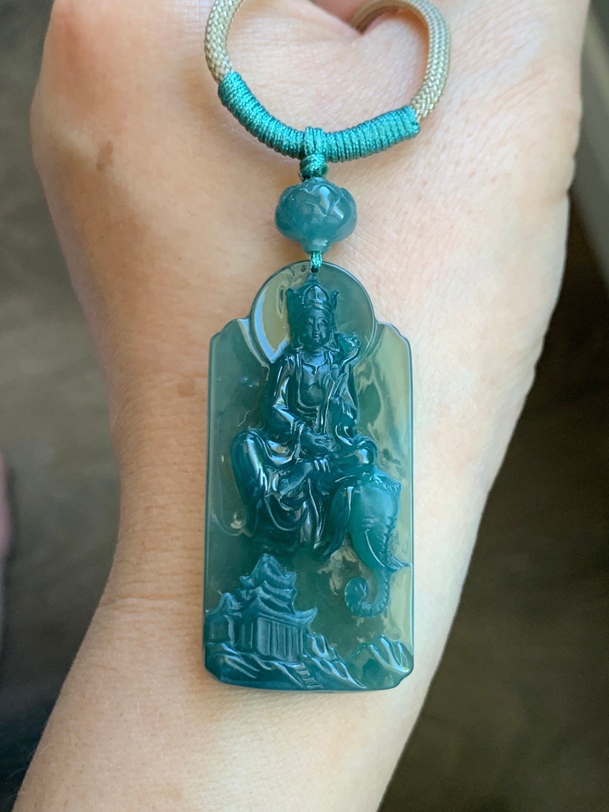 Natural Guatemalan Icy Translucent Teal Green Jadeite Puxian Samantabhadra Bodhisattva w/ Elephant Pendant Rope Necklace 天然冰胶危蓝绿翡翠普贤菩萨吊坠