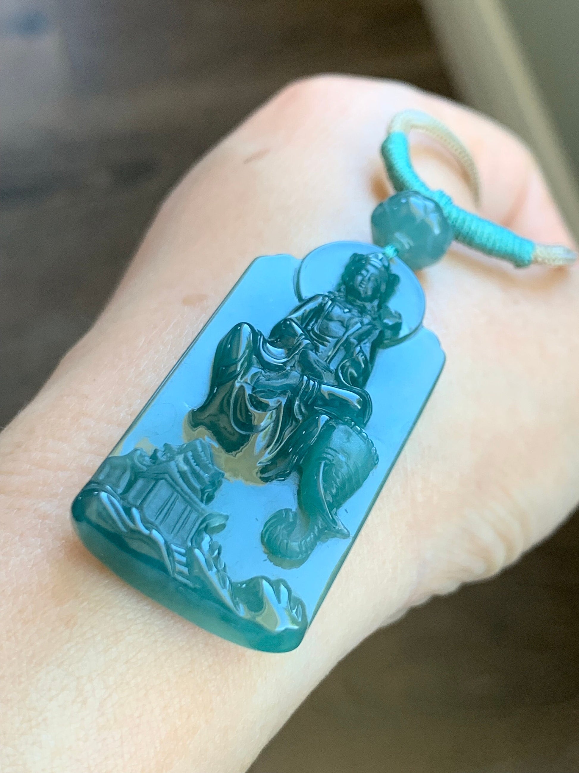 Natural Guatemalan Icy Translucent Teal Green Jadeite Puxian Samantabhadra Bodhisattva w/ Elephant Pendant Rope Necklace 天然冰胶危蓝绿翡翠普贤菩萨吊坠