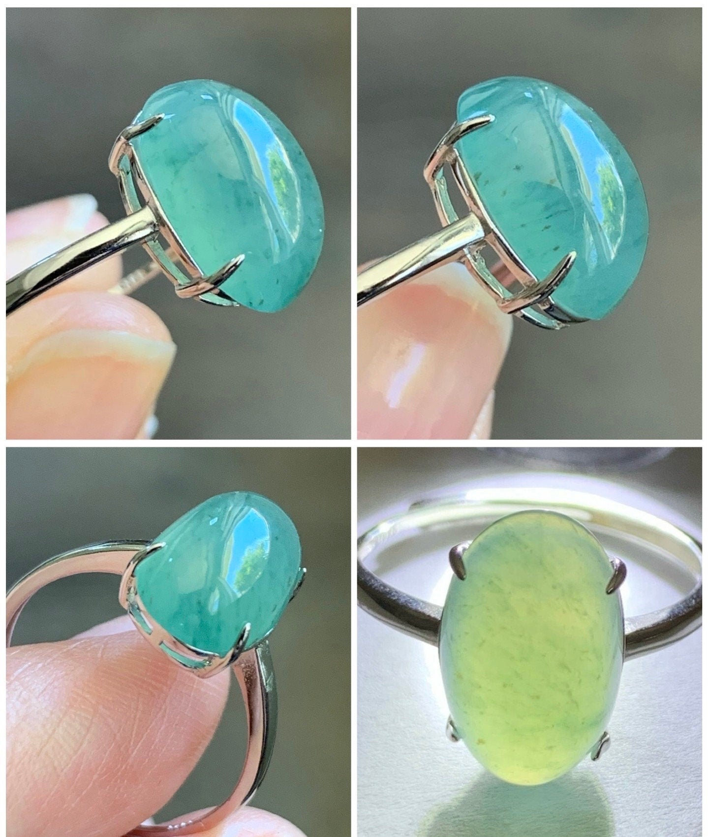 Natural Burmese Icy Translucent Gelatinous Light Green Jadeite Oval Cabochon Solitaire Ring Sterling Silver Adjustable 天然缅甸冰晴绿翡翠银镶戒指 MQ80
