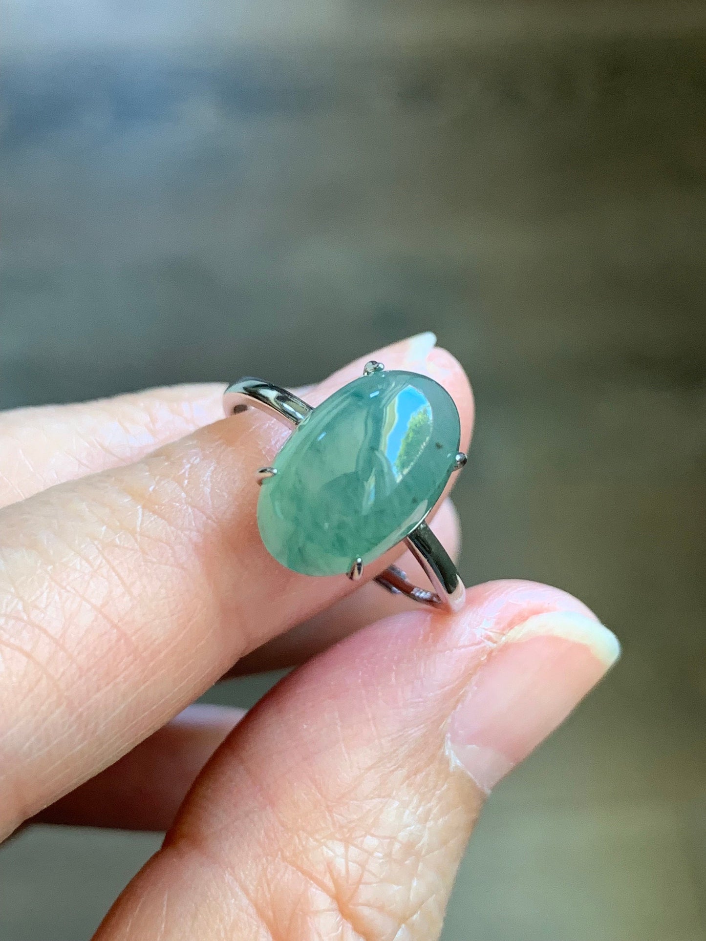 Natural Burmese Icy Translucent Gelatinous Light Green Jadeite Oval Cabochon Solitaire Ring Sterling Silver Adjustable 天然缅甸冰晴绿翡翠银镶戒指 MQ80