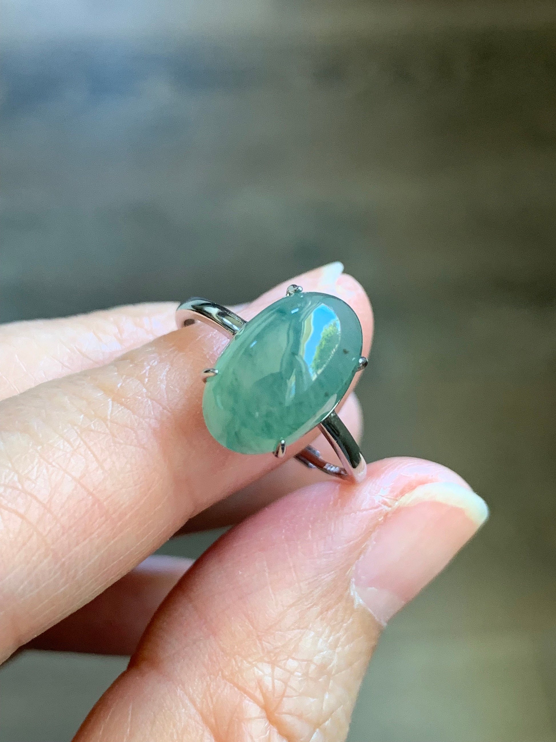 Natural Burmese Icy Translucent Gelatinous Light Green Jadeite Oval Cabochon Solitaire Ring Sterling Silver Adjustable 天然缅甸冰晴绿翡翠银镶戒指 MQ80