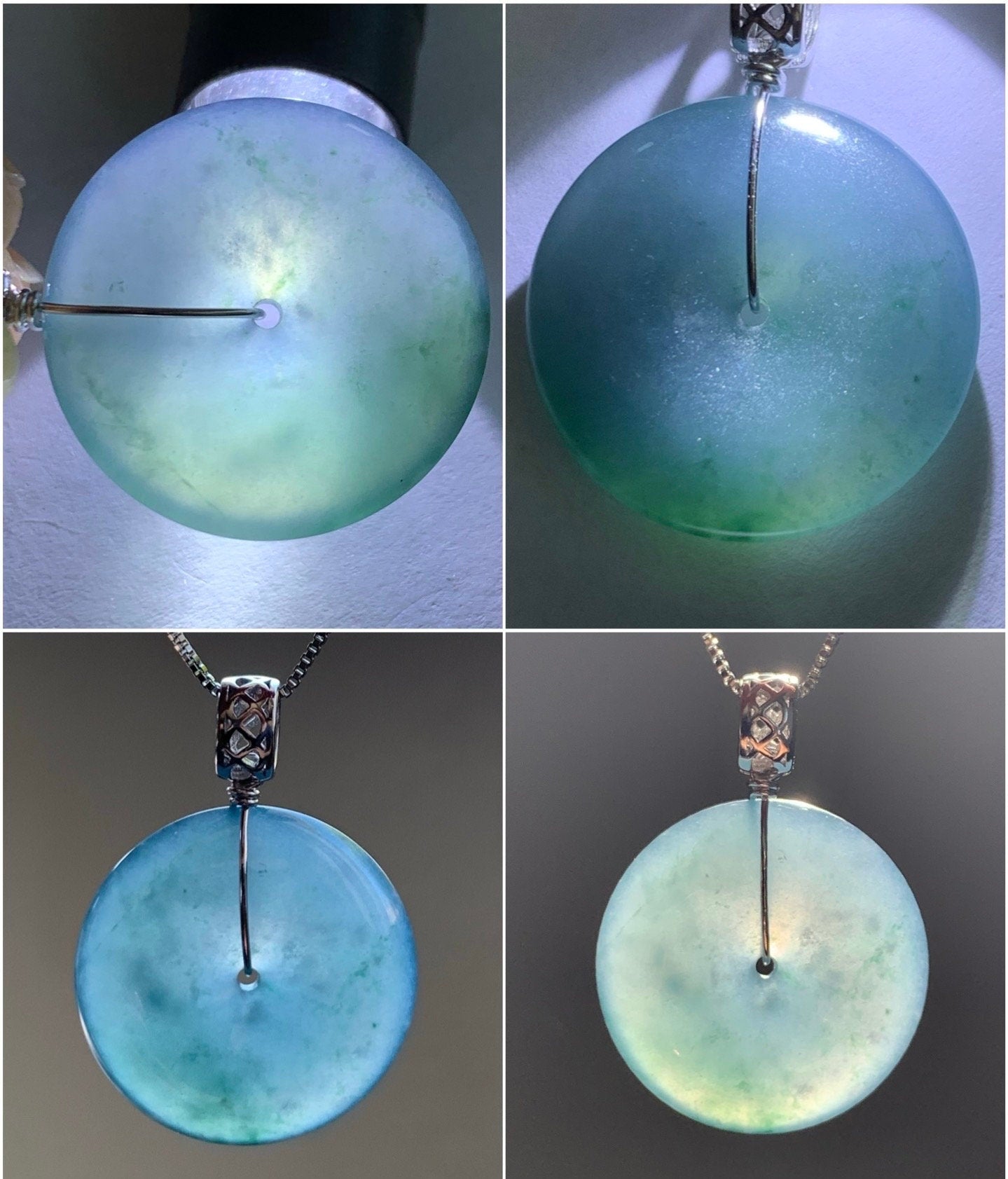 Certified Natural Guatemalan Icy Translucent Teal Blue Purple Bicolored Jadeite Ping An Kou Donut Pendant Sterling Silver 天然冰危蓝紫翡翠平安扣吊坠 1476