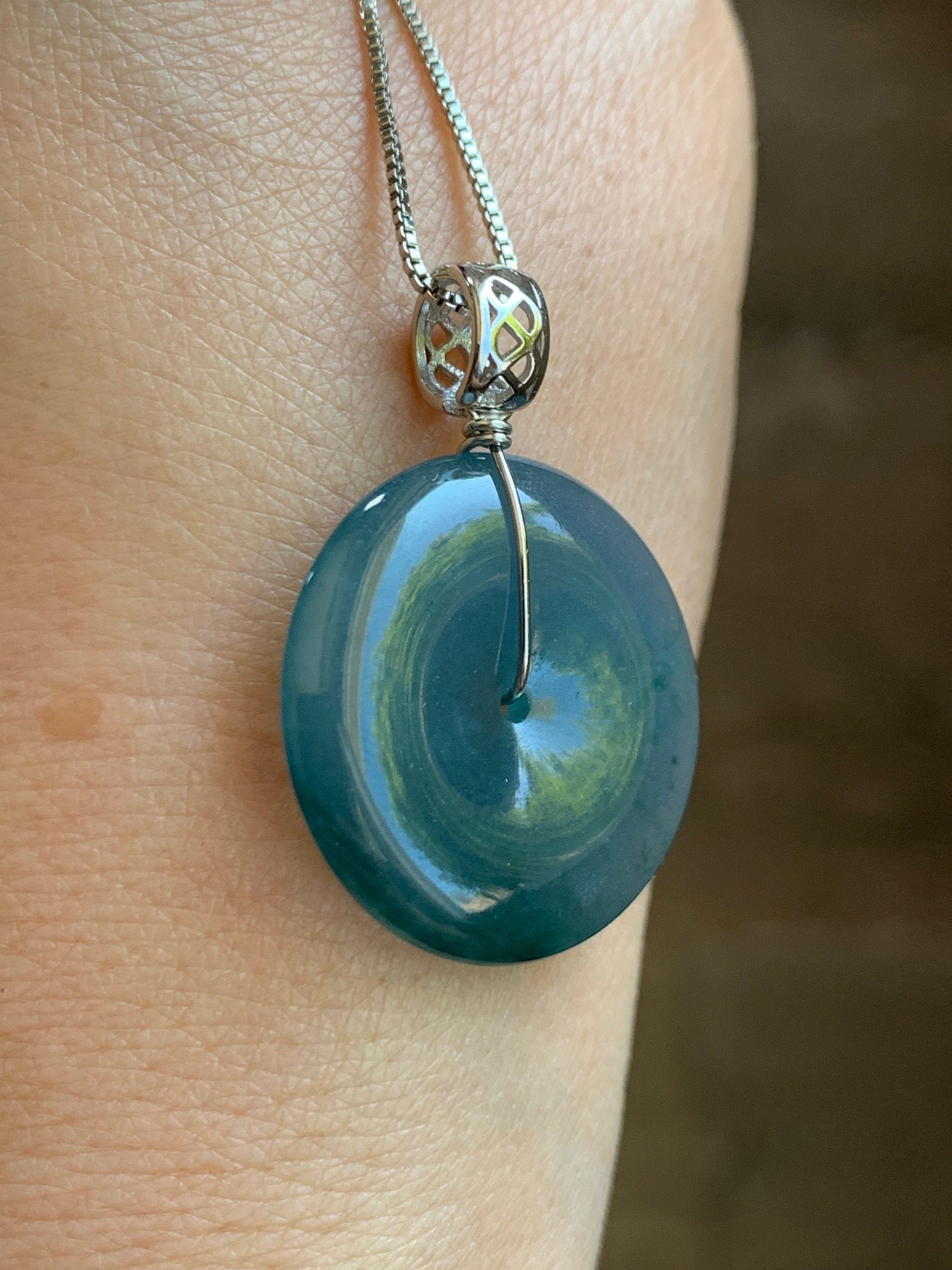 Certified Natural Guatemalan Icy Translucent Teal Blue Purple Bicolored Jadeite Ping An Kou Donut Pendant Sterling Silver 天然冰危蓝紫翡翠平安扣吊坠 1476