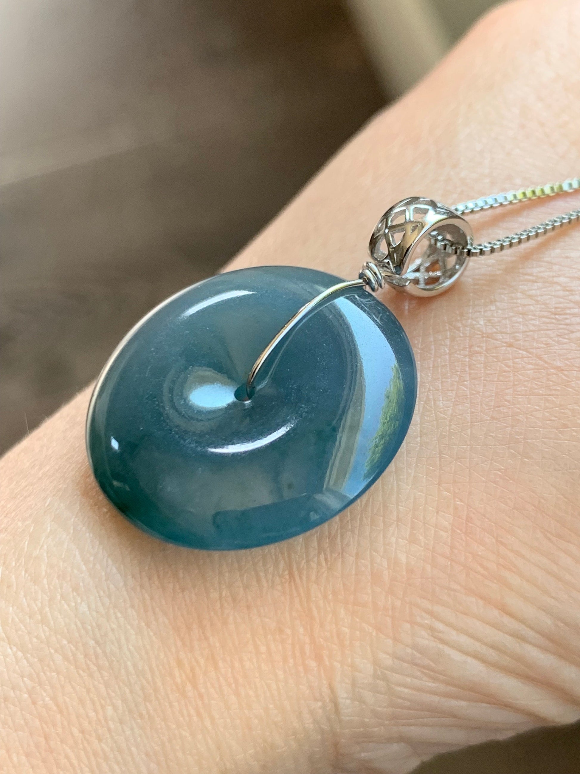 Certified Natural Guatemalan Icy Translucent Teal Blue Purple Bicolored Jadeite Ping An Kou Donut Pendant Sterling Silver 天然冰危蓝紫翡翠平安扣吊坠 1476