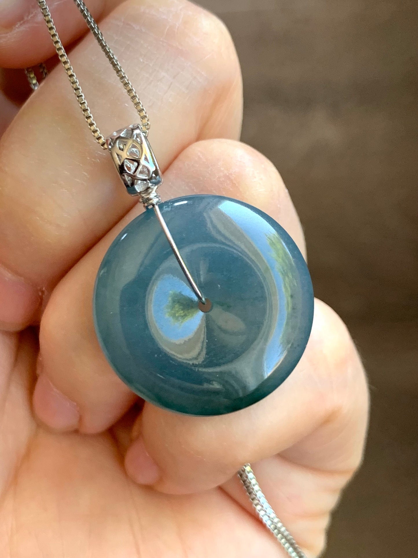 Certified Natural Guatemalan Icy Translucent Teal Blue Purple Bicolored Jadeite Ping An Kou Donut Pendant Sterling Silver 天然冰危蓝紫翡翠平安扣吊坠 1476