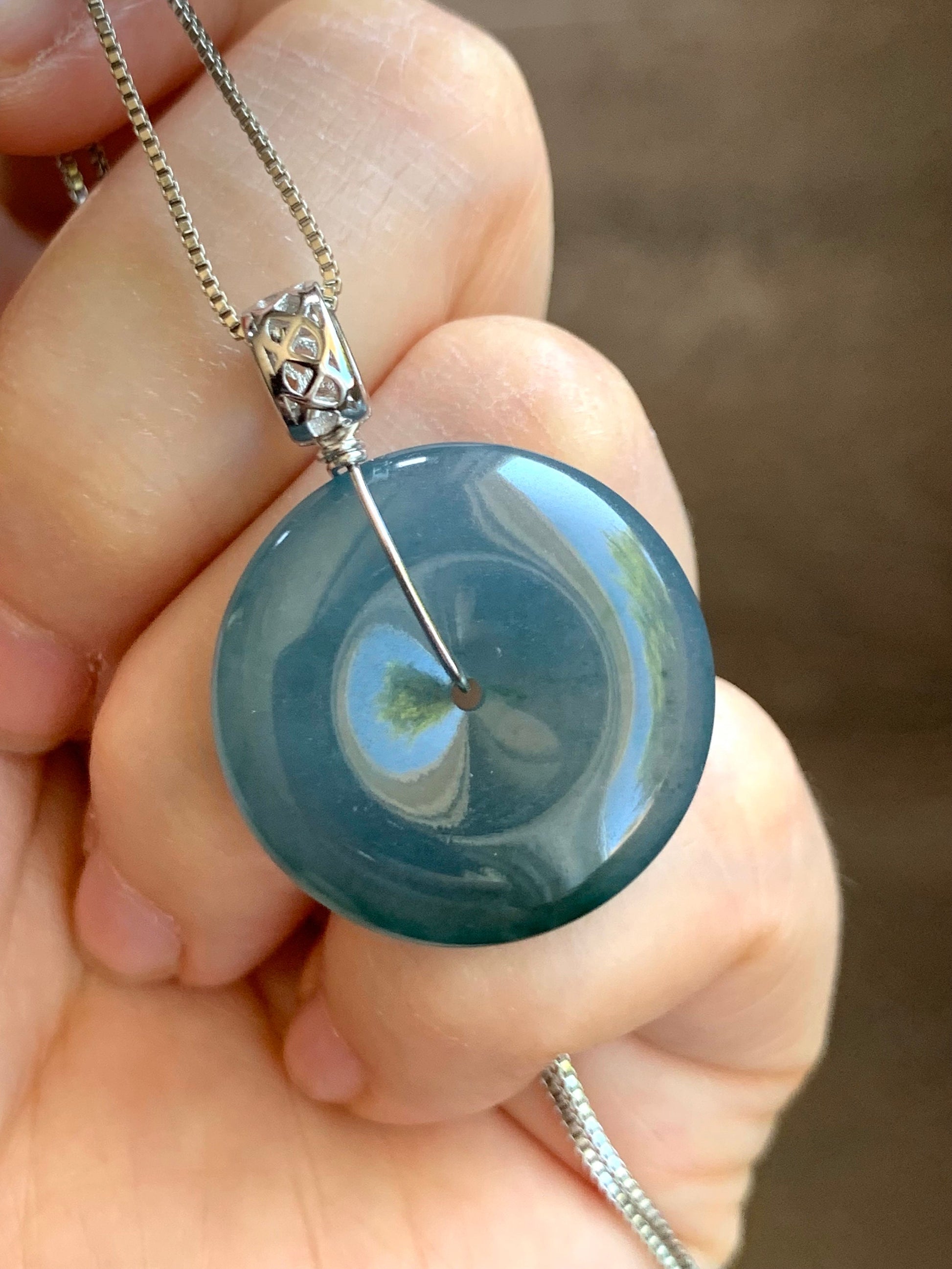 Certified Natural Guatemalan Icy Translucent Teal Blue Purple Bicolored Jadeite Ping An Kou Donut Pendant Sterling Silver 天然冰危蓝紫翡翠平安扣吊坠 1476
