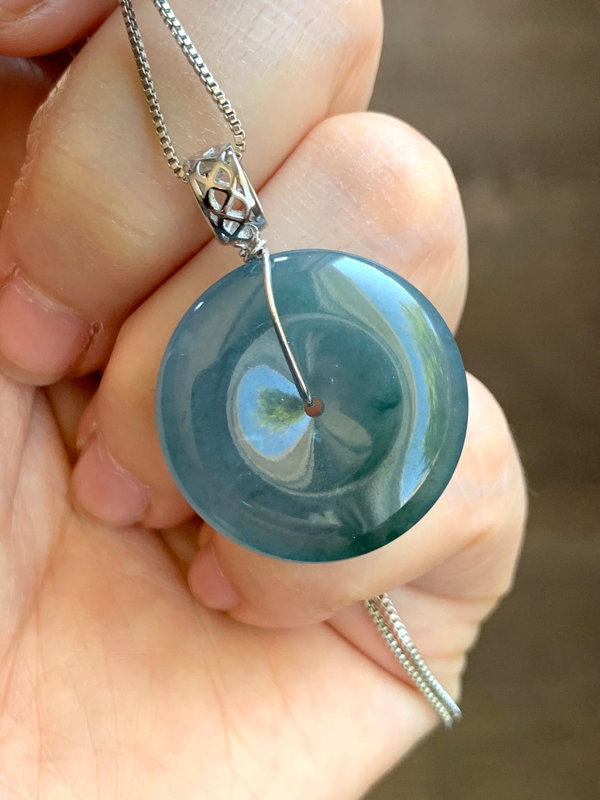 Certified Natural Guatemalan Icy Translucent Teal Blue Purple Bicolored Jadeite Ping An Kou Donut Pendant Sterling Silver 天然冰危蓝紫翡翠平安扣吊坠 1476