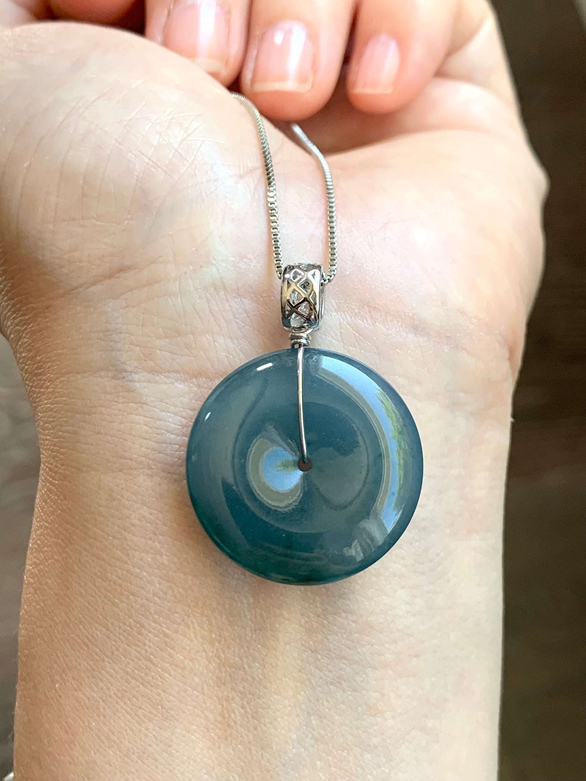 Certified Natural Guatemalan Icy Translucent Teal Blue Purple Bicolored Jadeite Ping An Kou Donut Pendant Sterling Silver 天然冰危蓝紫翡翠平安扣吊坠 1476