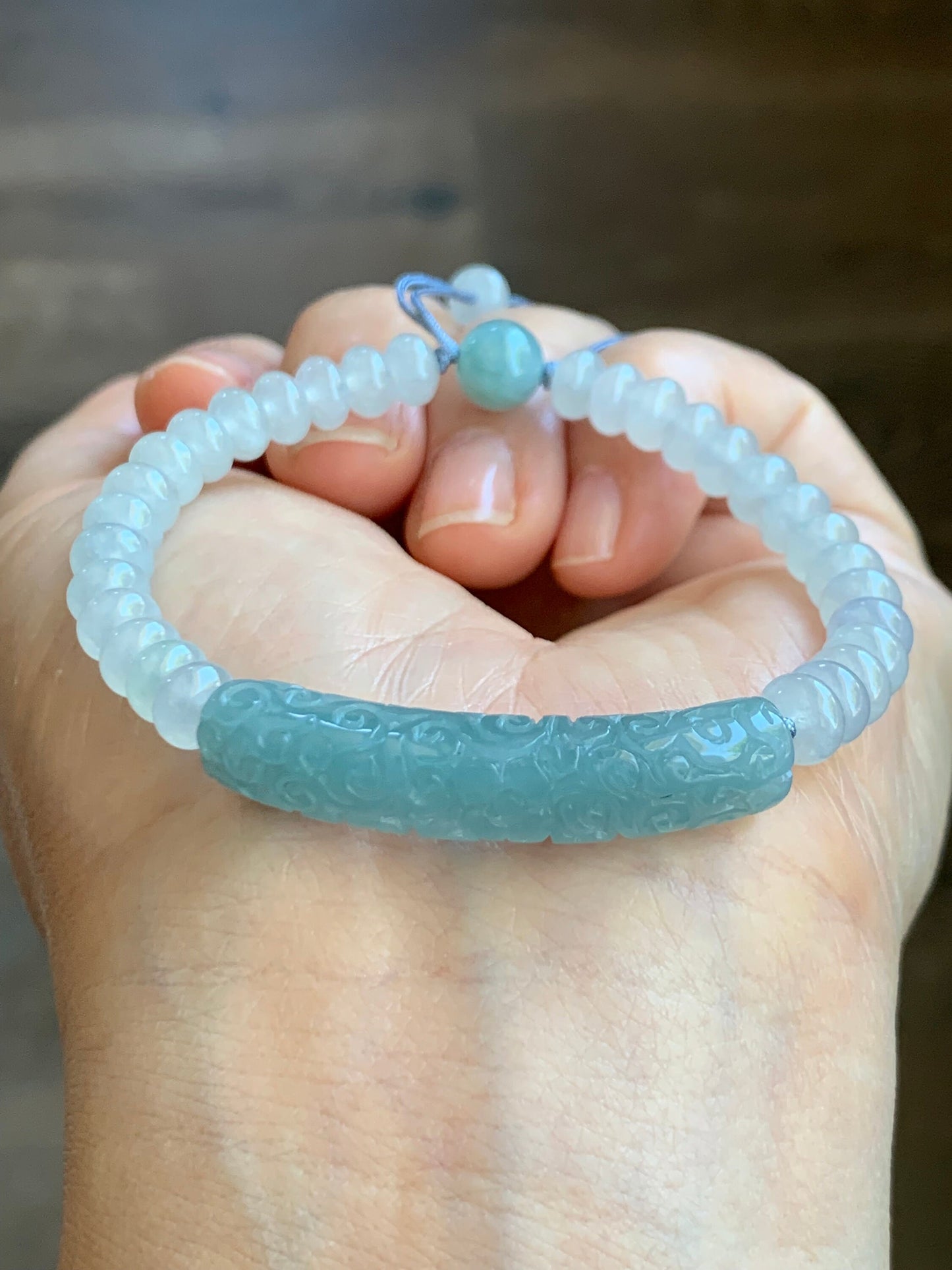 Natural Burmese Icy Translucent Light Blue Jadeite Engraved Cuff Icy White Jadeite Drum Beads Beaded Bracelet 6.5” 天然缅甸冰蓝翡翠仿古雕手牌白冰翡翠鼓珠手串