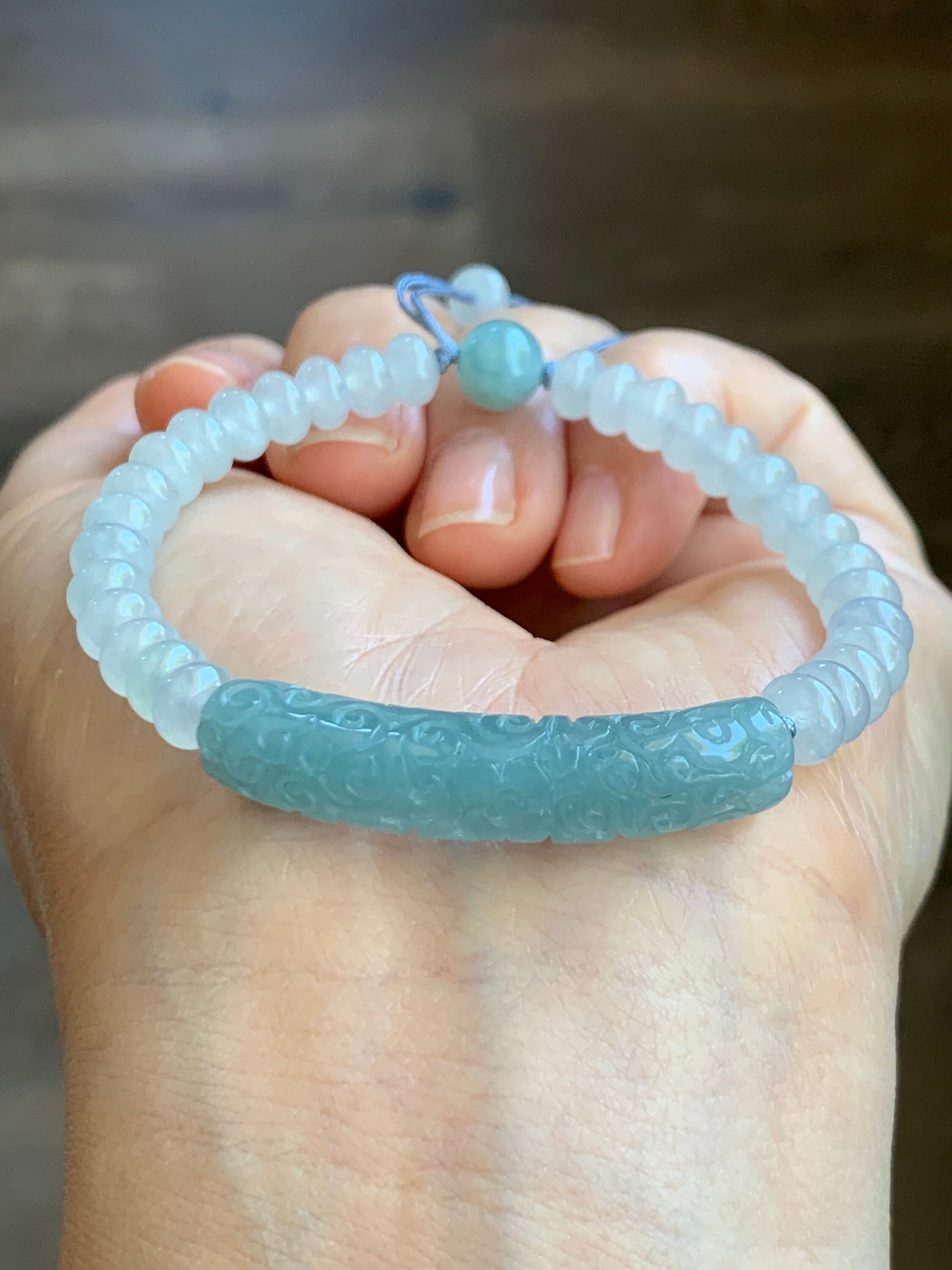 Natural Burmese Icy Translucent Light Blue Jadeite Engraved Cuff Icy White Jadeite Drum Beads Beaded Bracelet 6.5” 天然缅甸冰蓝翡翠仿古雕手牌白冰翡翠鼓珠手串
