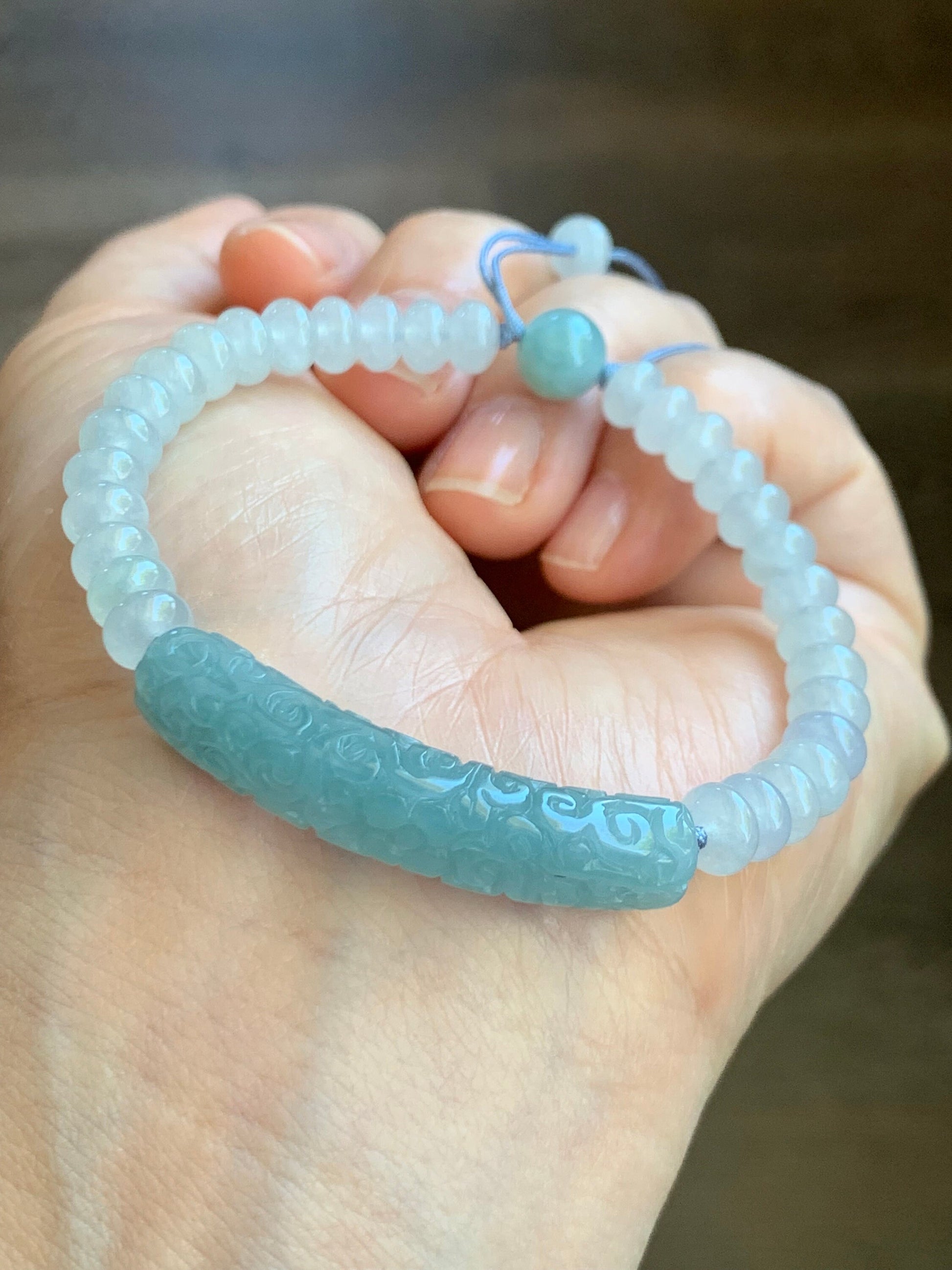 Natural Burmese Icy Translucent Light Blue Jadeite Engraved Cuff Icy White Jadeite Drum Beads Beaded Bracelet 6.5” 天然缅甸冰蓝翡翠仿古雕手牌白冰翡翠鼓珠手串