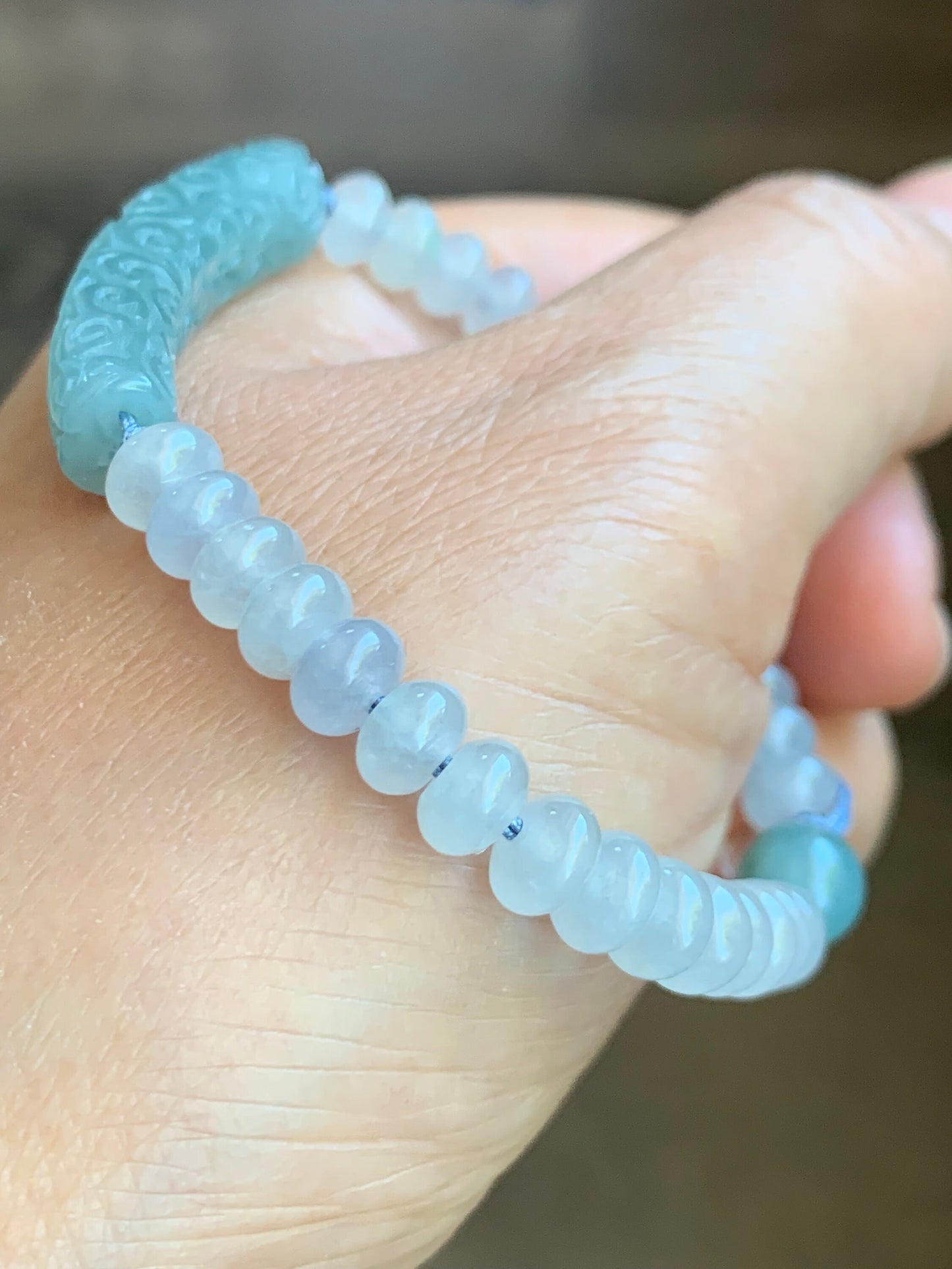 Natural Burmese Icy Translucent Light Blue Jadeite Engraved Cuff Icy White Jadeite Drum Beads Beaded Bracelet 6.5” 天然缅甸冰蓝翡翠仿古雕手牌白冰翡翠鼓珠手串