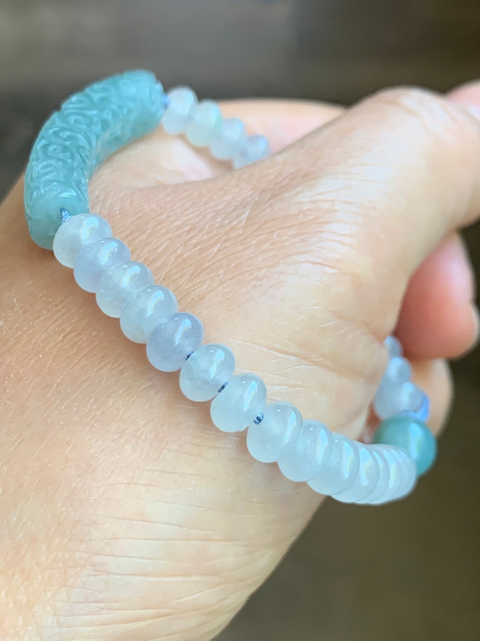 Natural Burmese Icy Translucent Light Blue Jadeite Engraved Cuff Icy White Jadeite Drum Beads Beaded Bracelet 6.5” 天然缅甸冰蓝翡翠仿古雕手牌白冰翡翠鼓珠手串