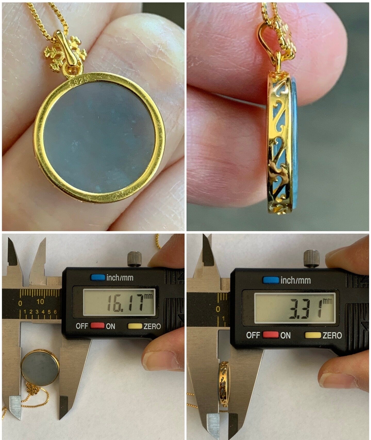Natural Guatemalan Icy Highly Translation Light Blue Jadeite Round Wu Shi Pai Pendant Sterling Silver Yellow Gold Finish 天然冰危浅蓝翡翠无事牌镶嵌吊坠 A