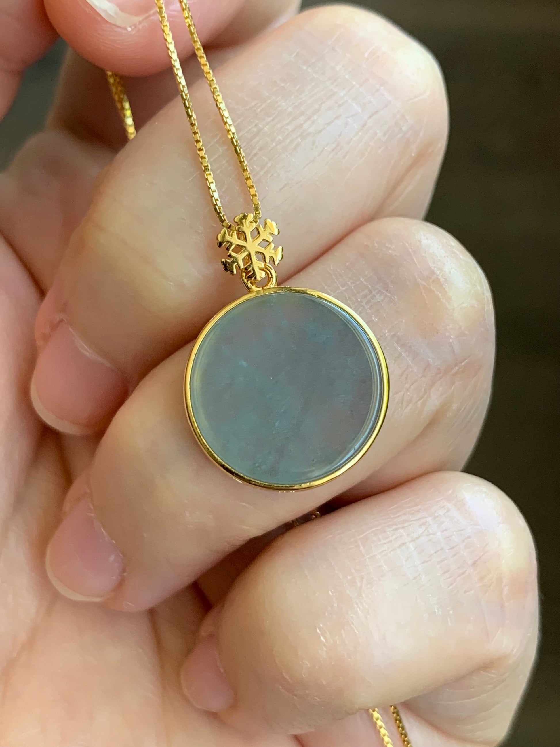 Natural Guatemalan Icy Highly Translation Light Blue Jadeite Round Wu Shi Pai Pendant Sterling Silver Yellow Gold Finish 天然冰危浅蓝翡翠无事牌镶嵌吊坠 A