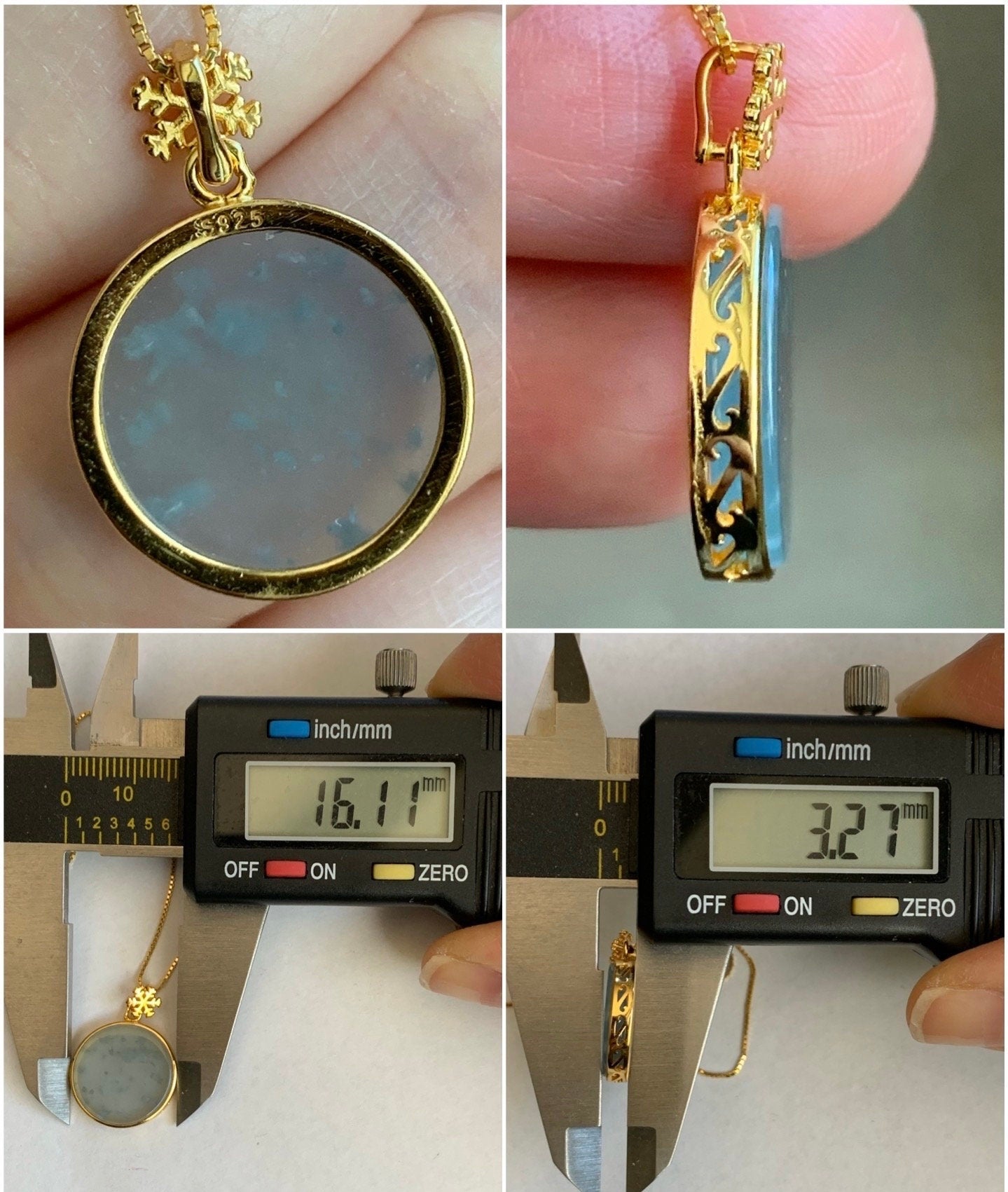 Natural Guatemalan Icy Highly Translation Light Blue Jadeite Round Wu Shi Pai Pendant Sterling Silver Yellow Gold Finish 天然冰危浅蓝翡翠无事牌镶嵌吊坠 B