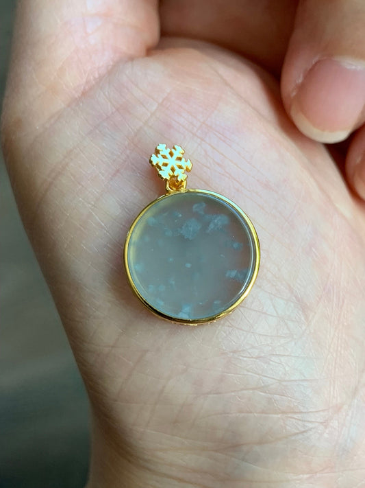 Natural Guatemalan Icy Highly Translation Light Blue Jadeite Round Wu Shi Pai Pendant Sterling Silver Yellow Gold Finish 天然冰危浅蓝翡翠无事牌镶嵌吊坠 B