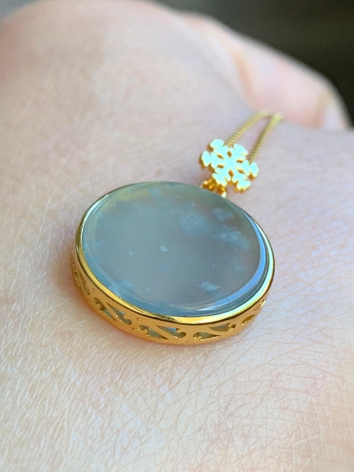 Natural Guatemalan Icy Highly Translation Light Blue Jadeite Round Wu Shi Pai Pendant Sterling Silver Yellow Gold Finish 天然冰危浅蓝翡翠无事牌镶嵌吊坠 B