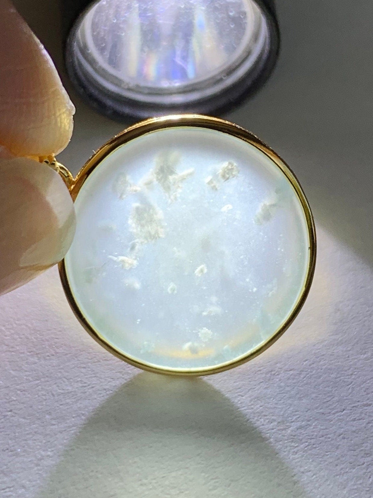 Natural Guatemalan Icy Highly Translation Light Blue Jadeite Round Wu Shi Pai Pendant Sterling Silver Yellow Gold Finish 天然冰危浅蓝翡翠无事牌镶嵌吊坠 B