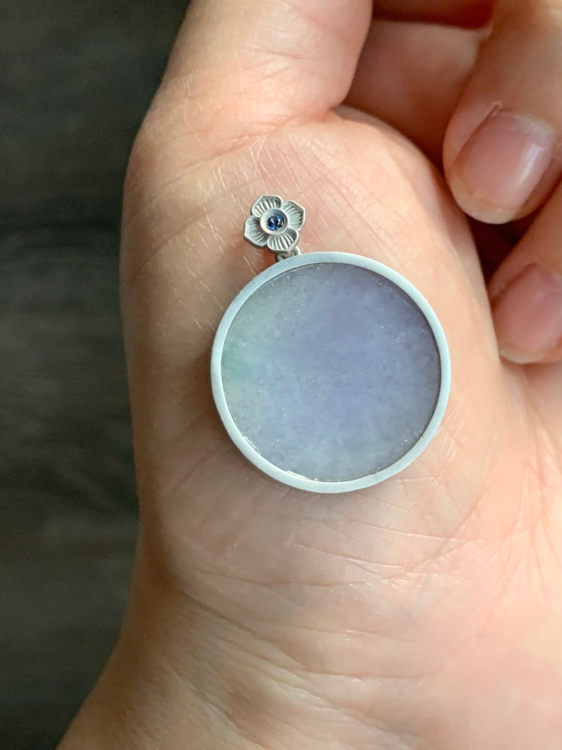 Certified Natural Burmese Grade A Untreated Light Purple Jadeite Pendant Sterling Silver w/ Blue Sapphire 8.42g 天然缅甸淡紫翡翠无事牌蓝宝石银镶吊坠 1666