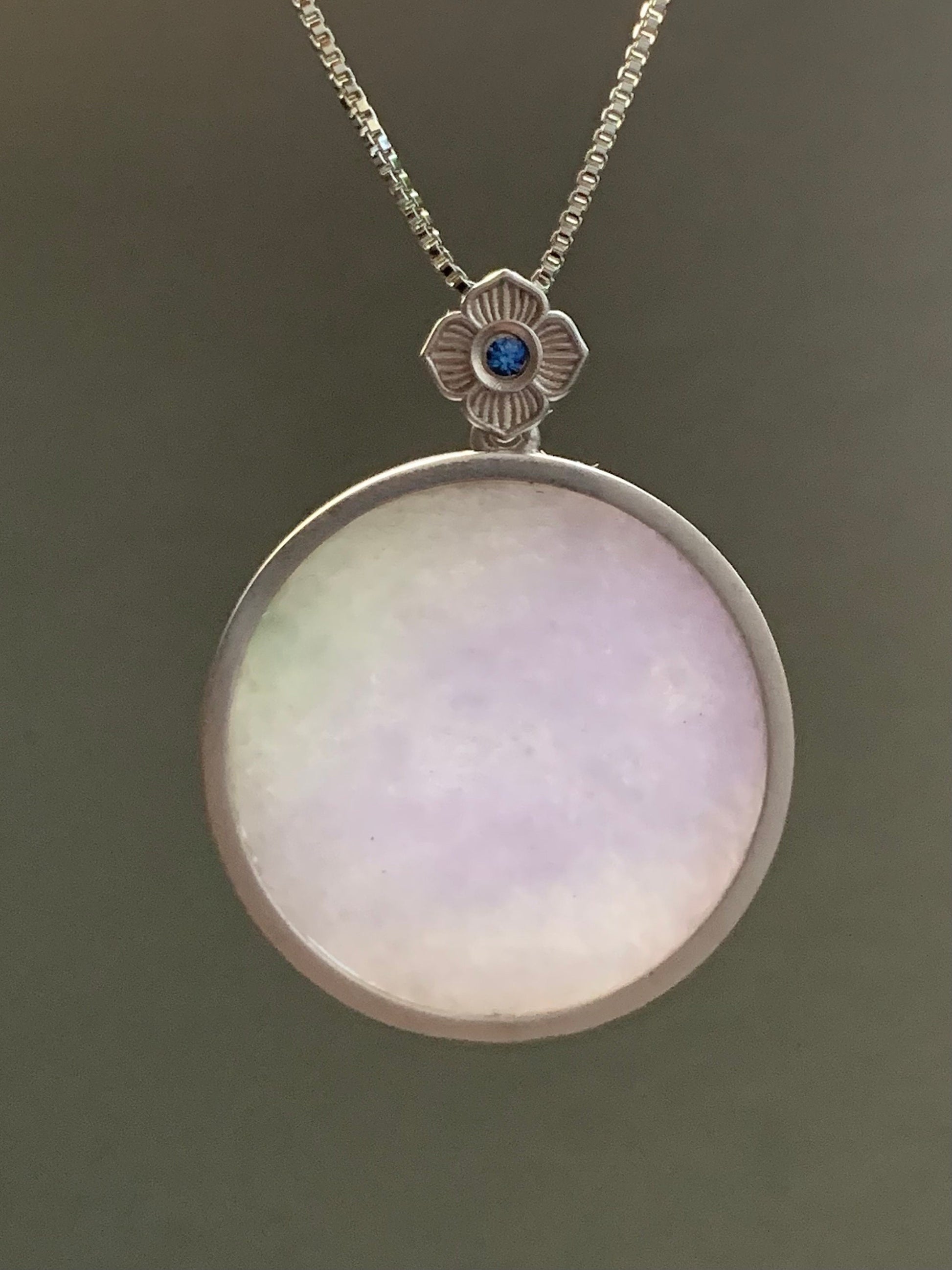 Certified Natural Burmese Grade A Untreated Light Purple Jadeite Pendant Sterling Silver w/ Blue Sapphire 8.42g 天然缅甸淡紫翡翠无事牌蓝宝石银镶吊坠 1666