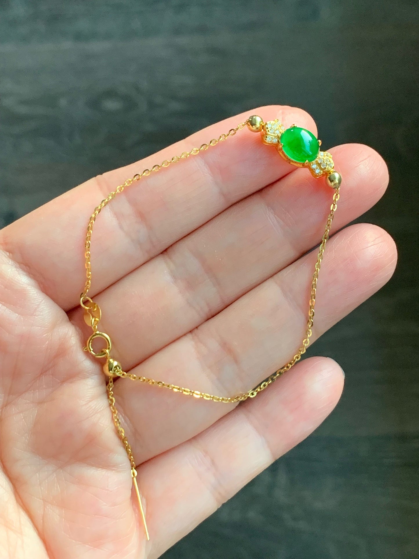 Natural Guatemalan Icy Highly Translucent Vibrant Green Oval Jadeite Candy Charm Chain Bracelet Sterling Silver YG Finish 天然冰危绿翡翠糖果潘多拉针式银手链