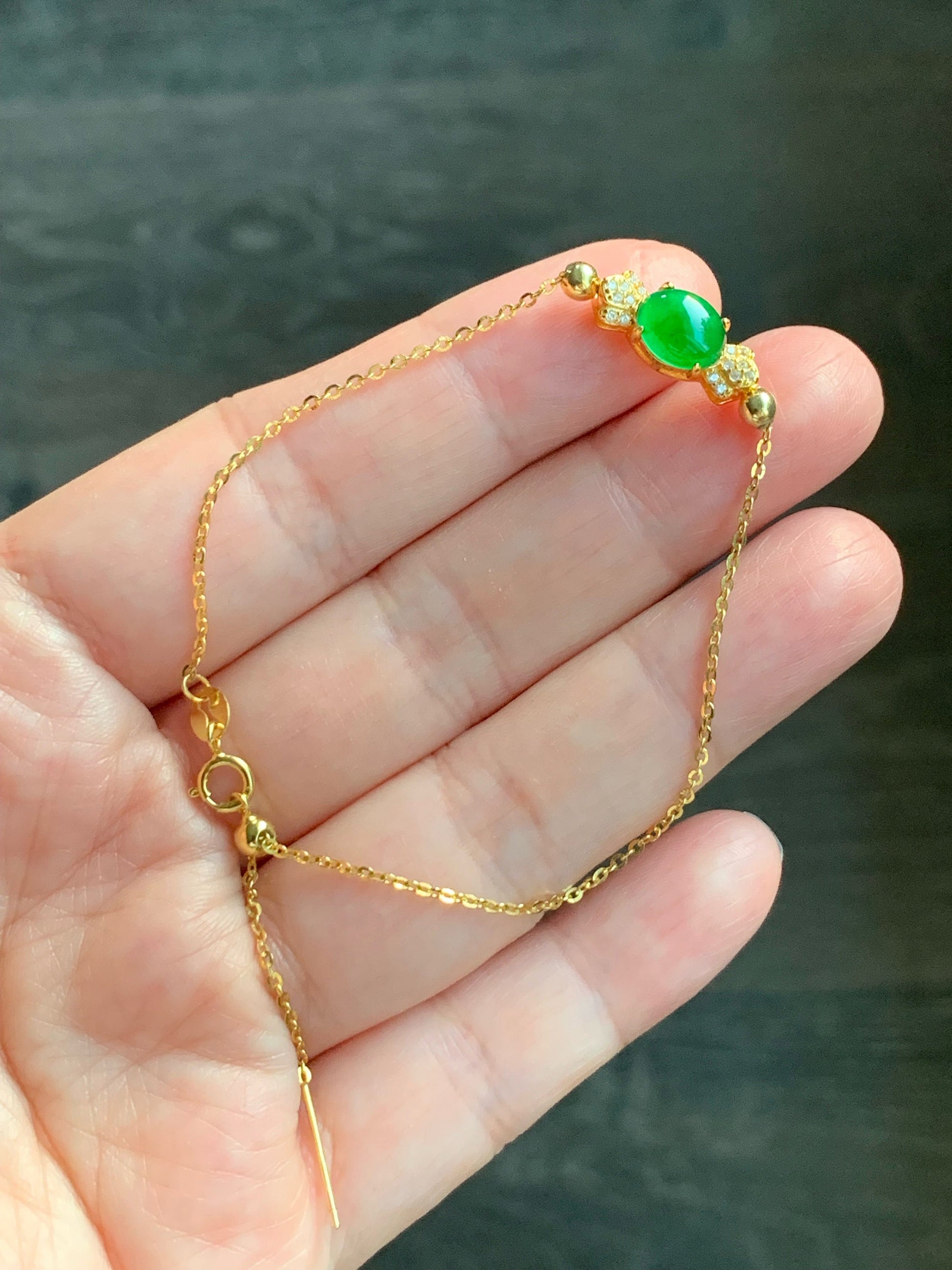 Natural Guatemalan Icy Highly Translucent Vibrant Green Oval Jadeite Candy Charm Chain Bracelet Sterling Silver YG Finish 天然冰危绿翡翠糖果潘多拉针式银手链