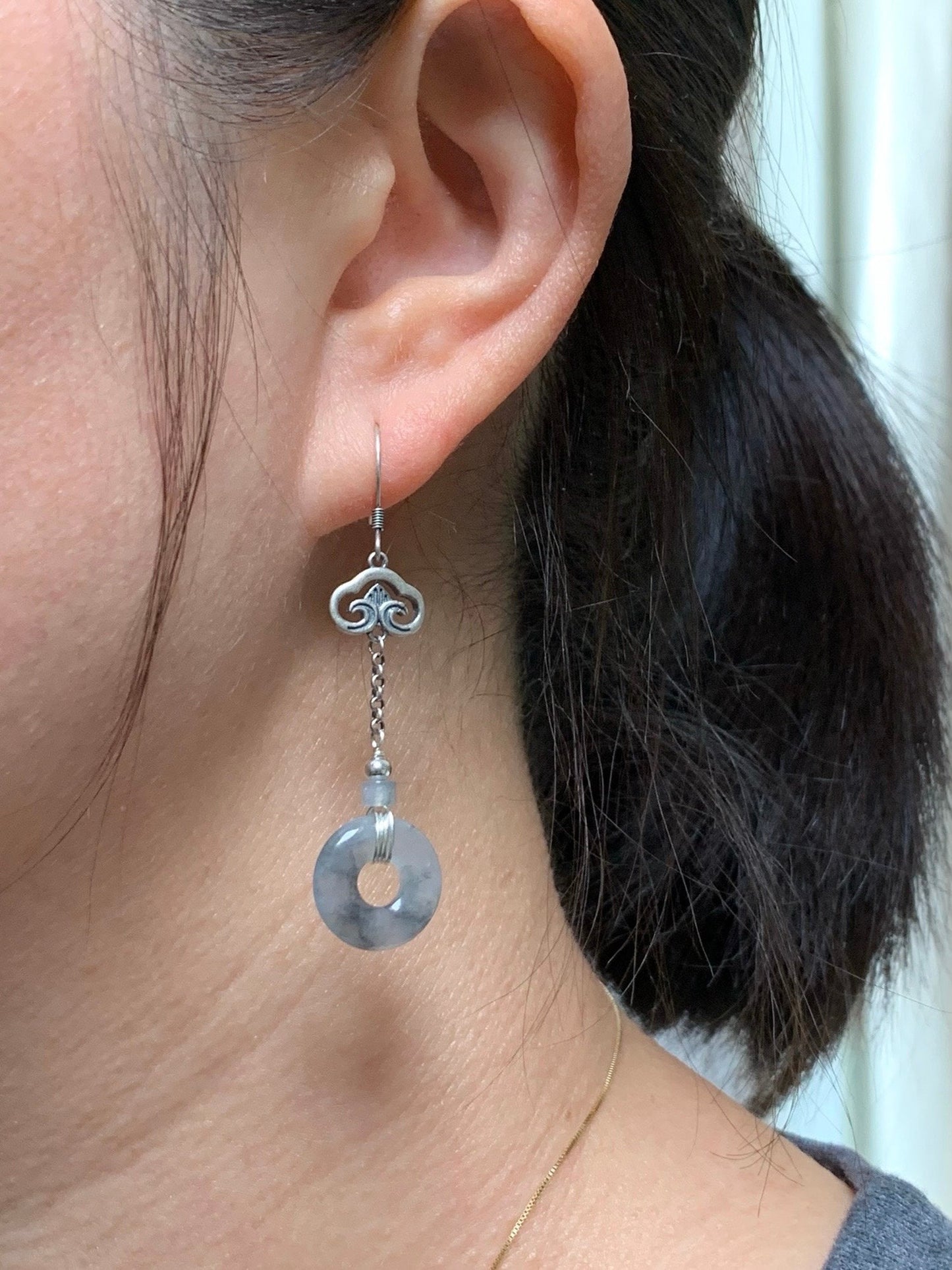 Natural Burmese Icy Translucent Gelatinous Wuji Jadeite Ping An Kou Donut Dangle Earrings Retro Style 925 Sterling Silver 天然缅甸A货冰胶乌鸡翡翠平安扣银耳吊