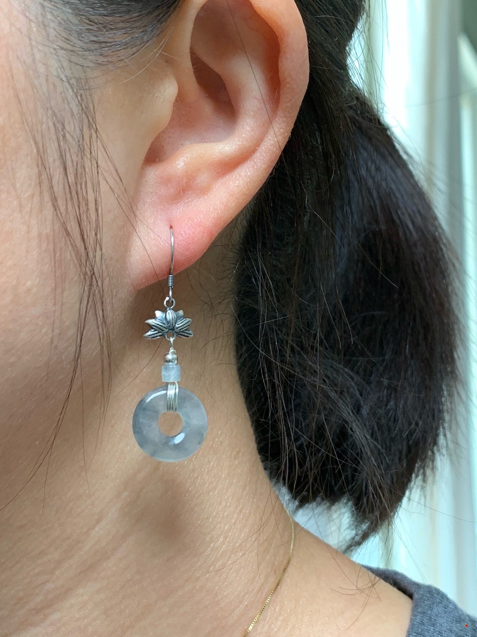 Natural Burmese Icy Translucent Gelatinous Wuji Jadeite Ping An Kou Donut Dangle Earrings Retro Style 925 Sterling Silver 天然缅甸A货冰胶乌鸡翡翠平安扣银耳吊