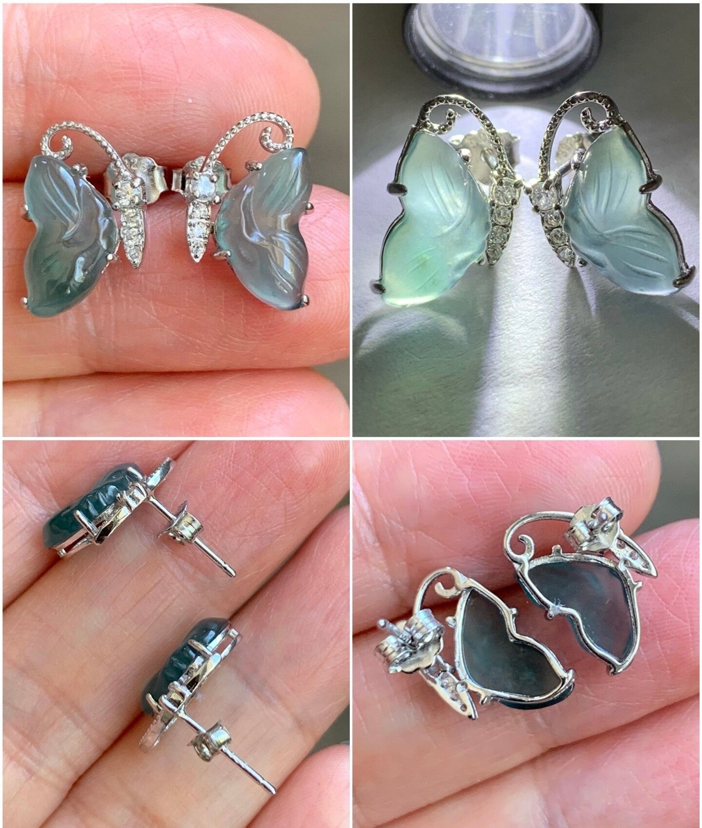 Natural Guatemalan Grade A Icy Translucent Dusty Teal Blue Jadeite Butterfly Style Stud Earrings S925 Sterling Silver 天然冰危蓝绿翡翠蝴蝶镶嵌耳钉