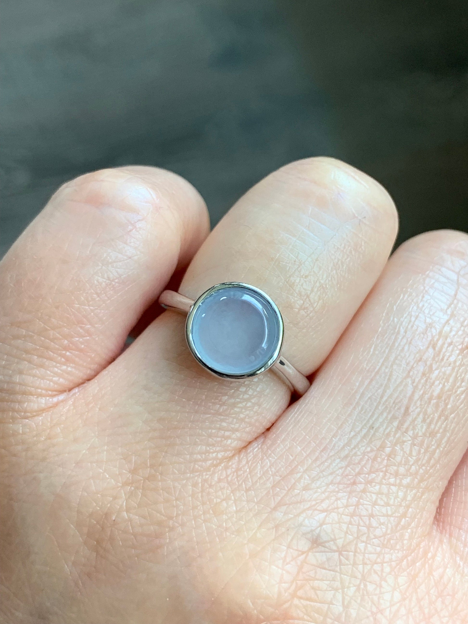 Natural Burmese Icy Translucent White Jadeite w/ Lavender Undertone Solitaire Ring Sterling Silver Size 7 Adjustable 天然缅甸白冰紫底翡翠银镶戒指 MWS70