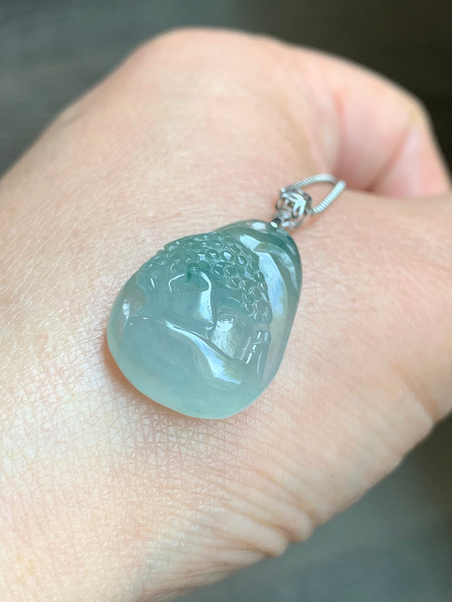 Natural Burmese Icy Translucent Gelatinous Light Green Jadeite Shan Shui Pai Landscape Scenery Pendant 18K White Gold 5g 天然缅甸冰晴绿翡翠精工雕山水牌吊坠