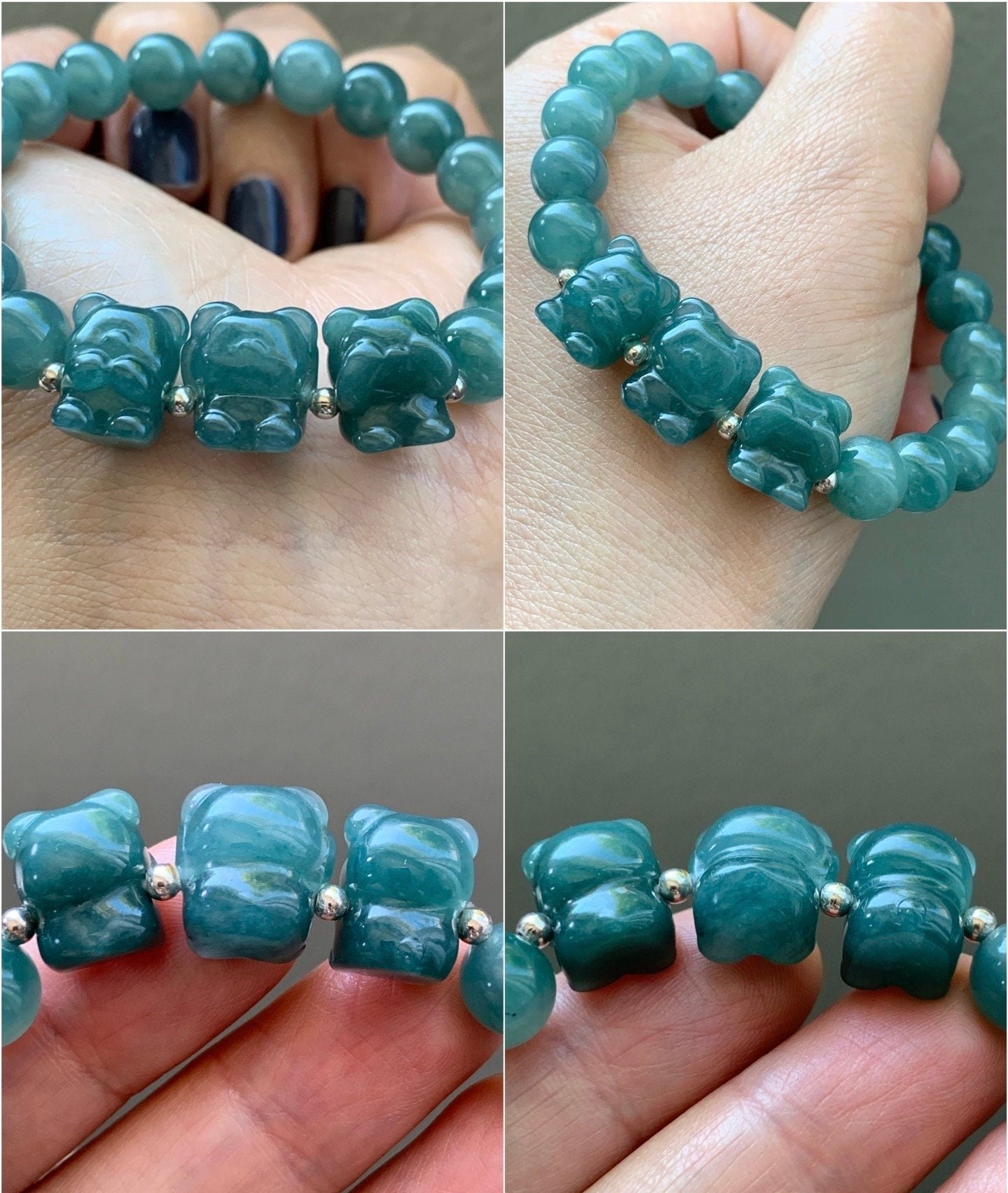 Natural Guatemalan Icy Translucent Teal Blue Jadeite Three Wise Bear Charms Beaded Bracelet Sterling Silver 8.9mm 7” 28g 天然冰危蓝绿翡翠不听不看不说小熊手串